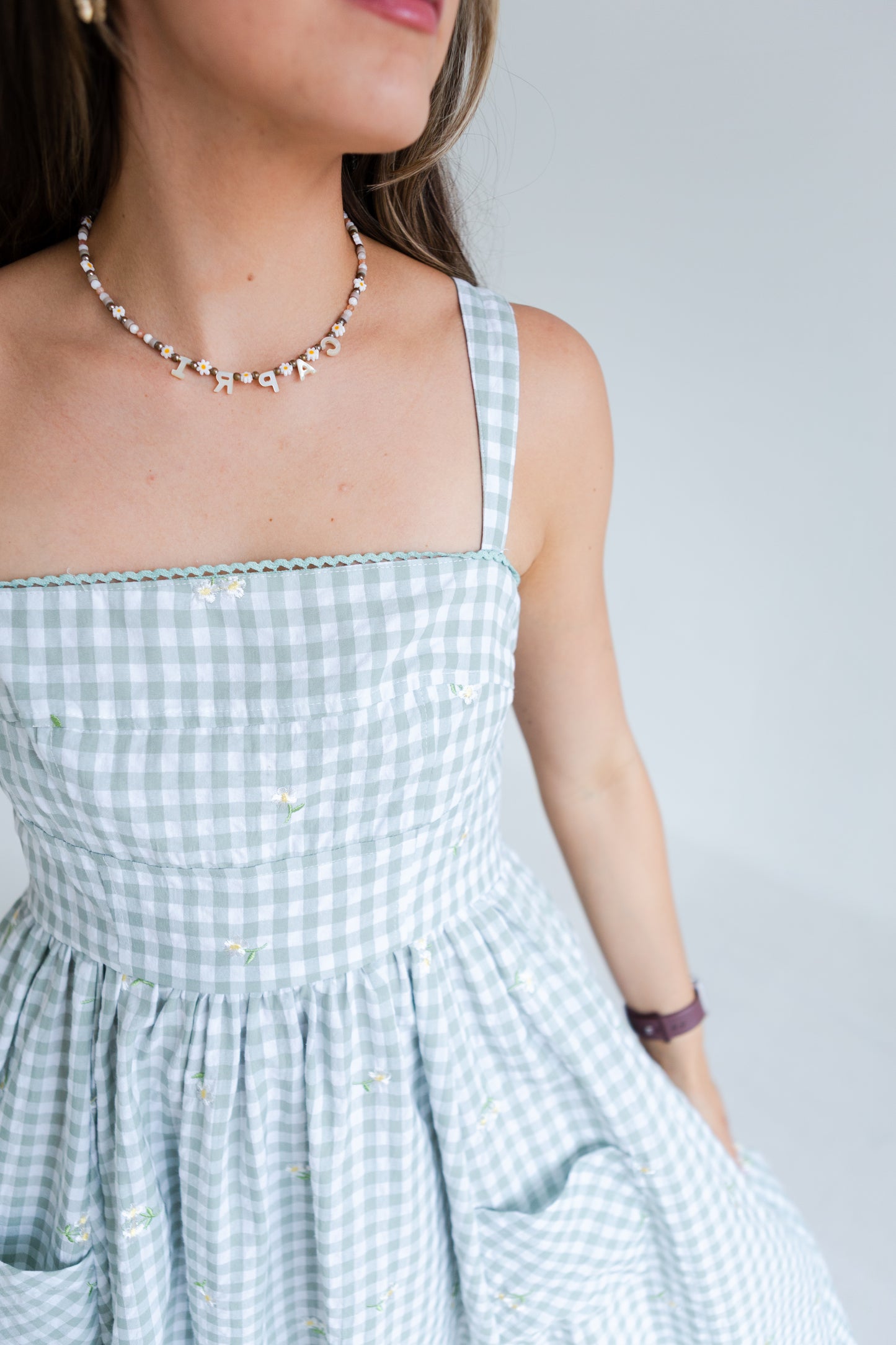Green Gingham Floral Embroidered Midi Dress