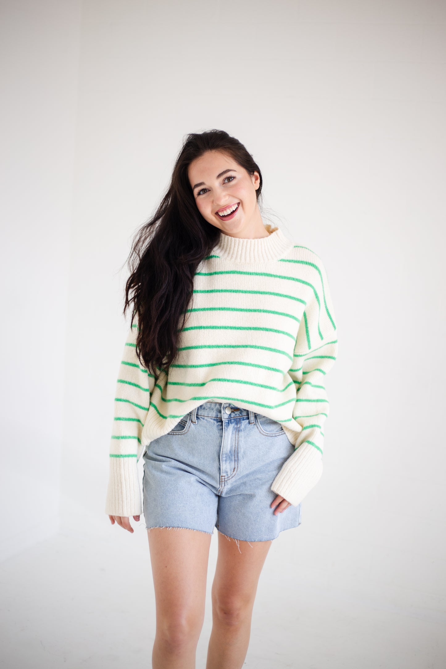 Cream & Green Striped Sweater