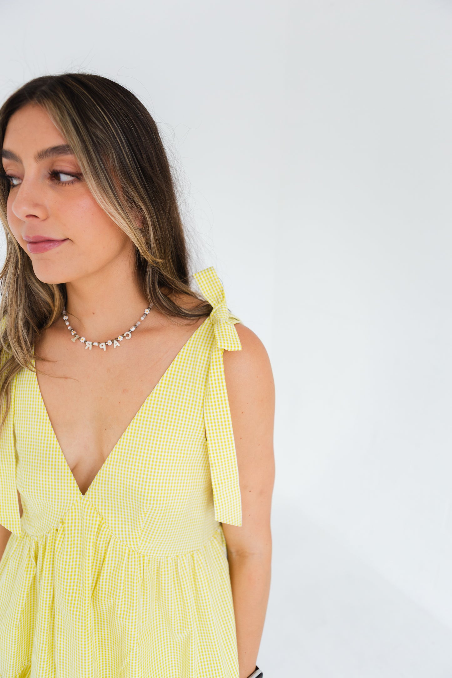 Yellow & White Gingham Tie Shoulder Strap Tiered Gingham Mini Dress