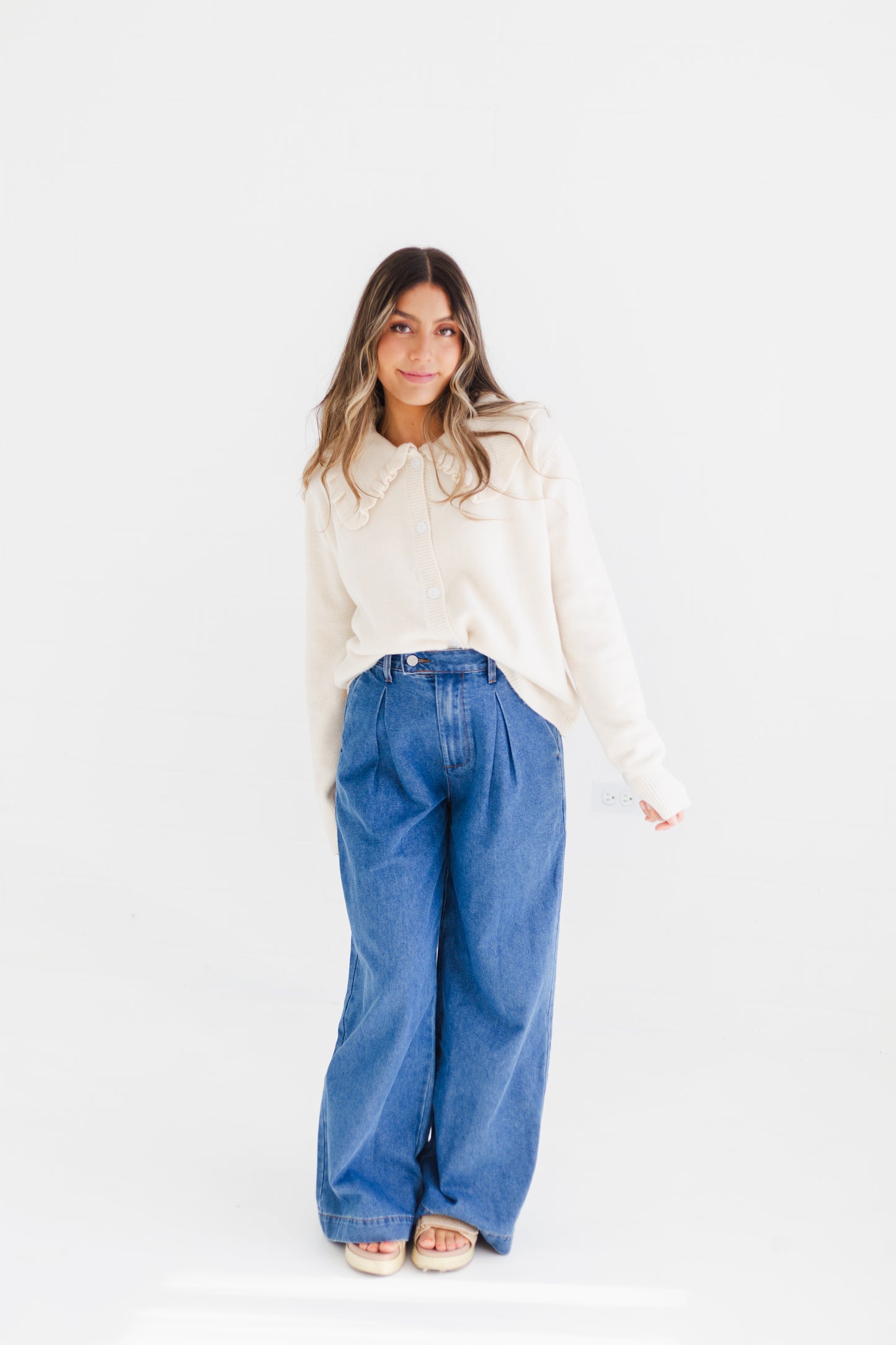 Medium Denim Pleated Wide Leg Denim Trousers