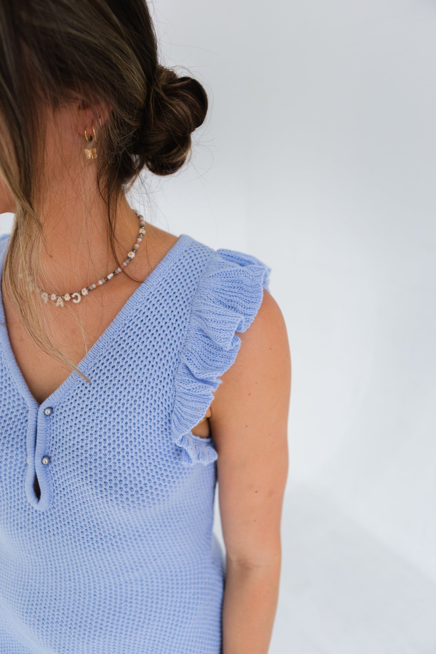 Light Blue Knit Sweater Mini Dress with Mini Ruffle Sleeve