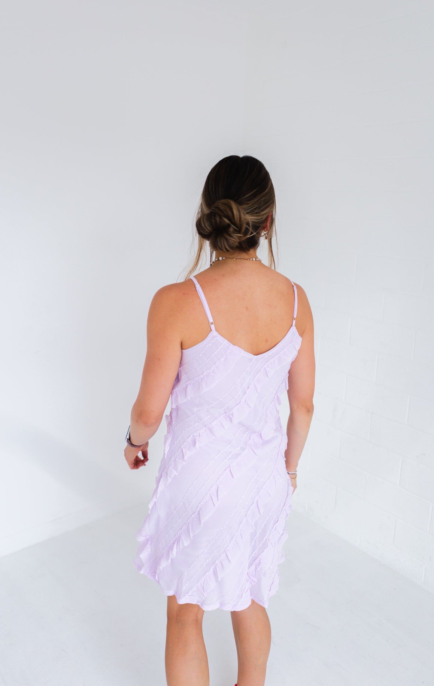 Pale Lilac Textured Bias Cut Ruffled Mini Dress