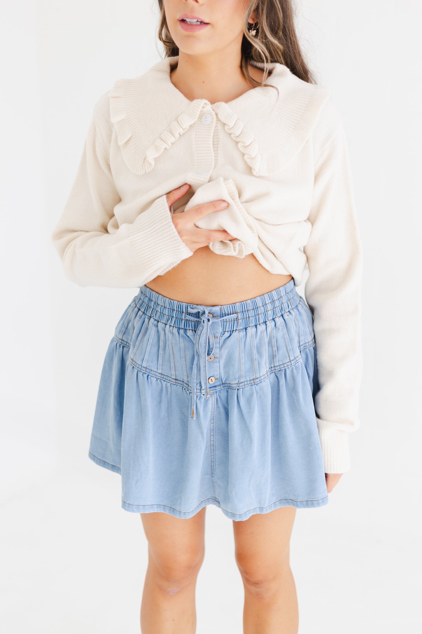 Light Denim Stretch Soft Denim Pintuck Detail Flare Mini Skirt