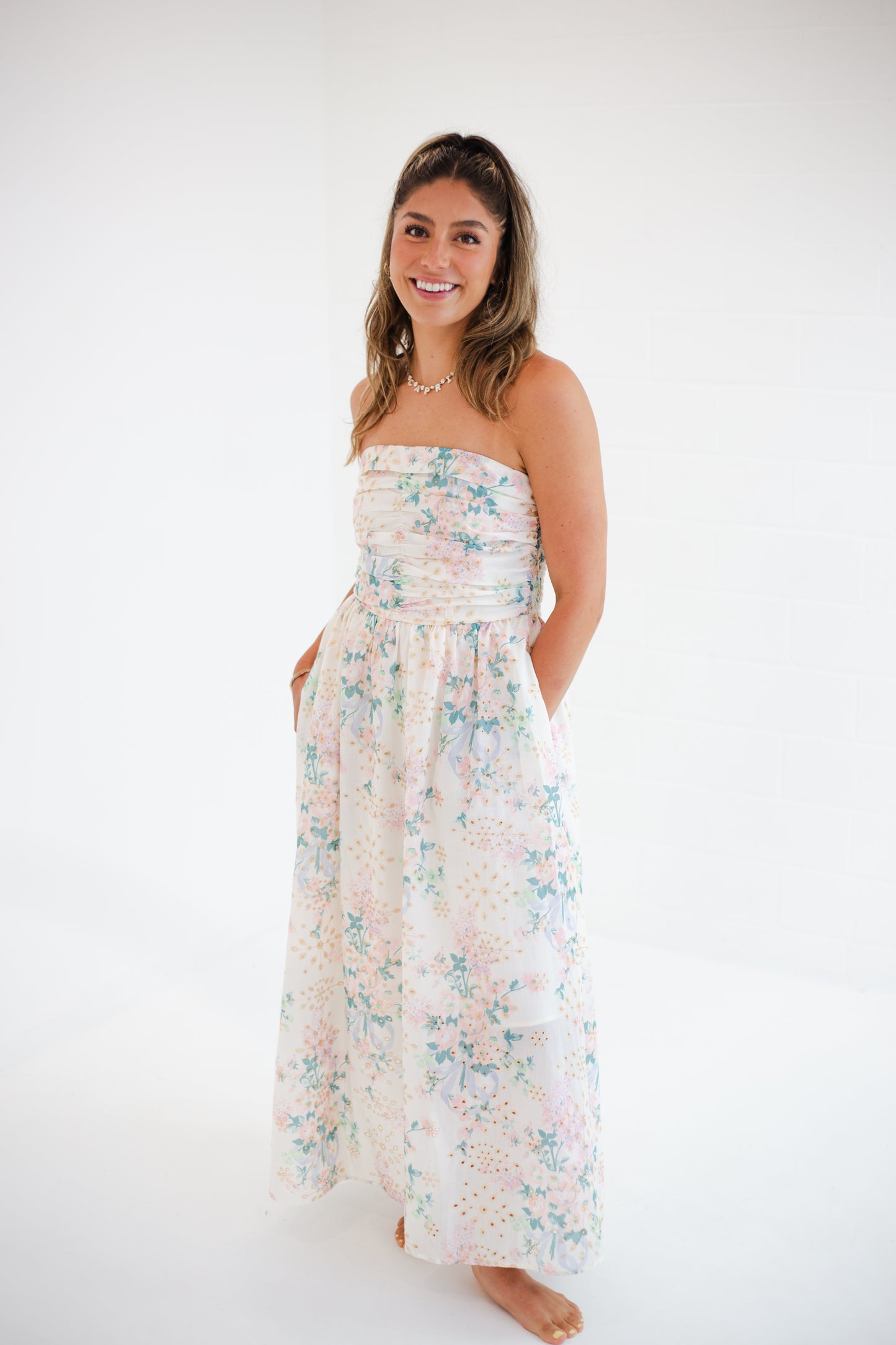 Spring Bloom Floral Lace Runched Maxi Tube Dress