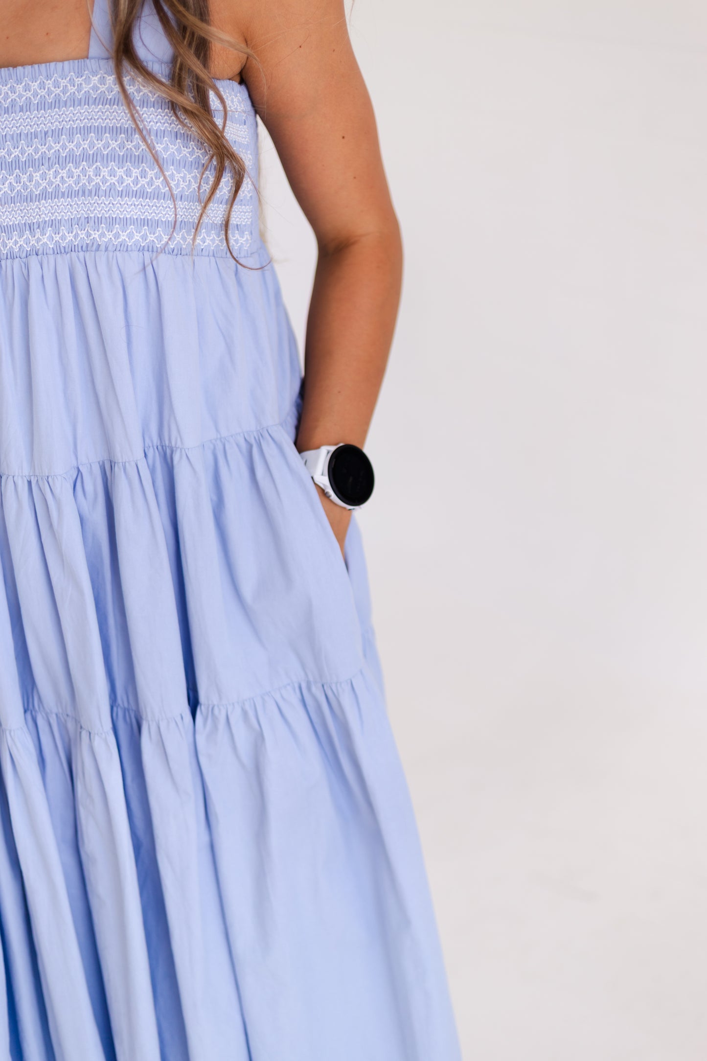 Cloud White Embrodiered Tiered Midi Dress