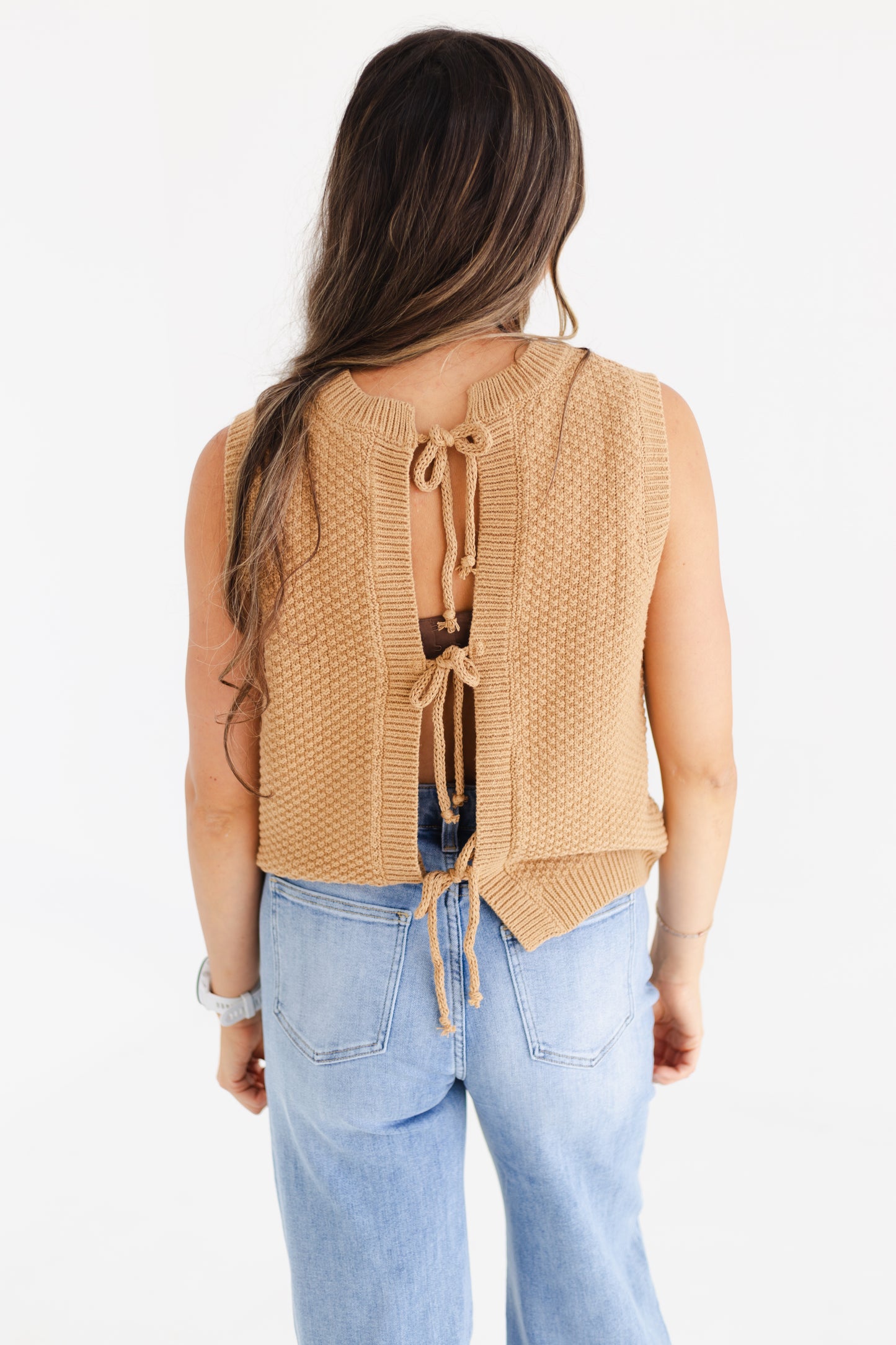 Caramel Textured Self Back Ties Sweater Vest