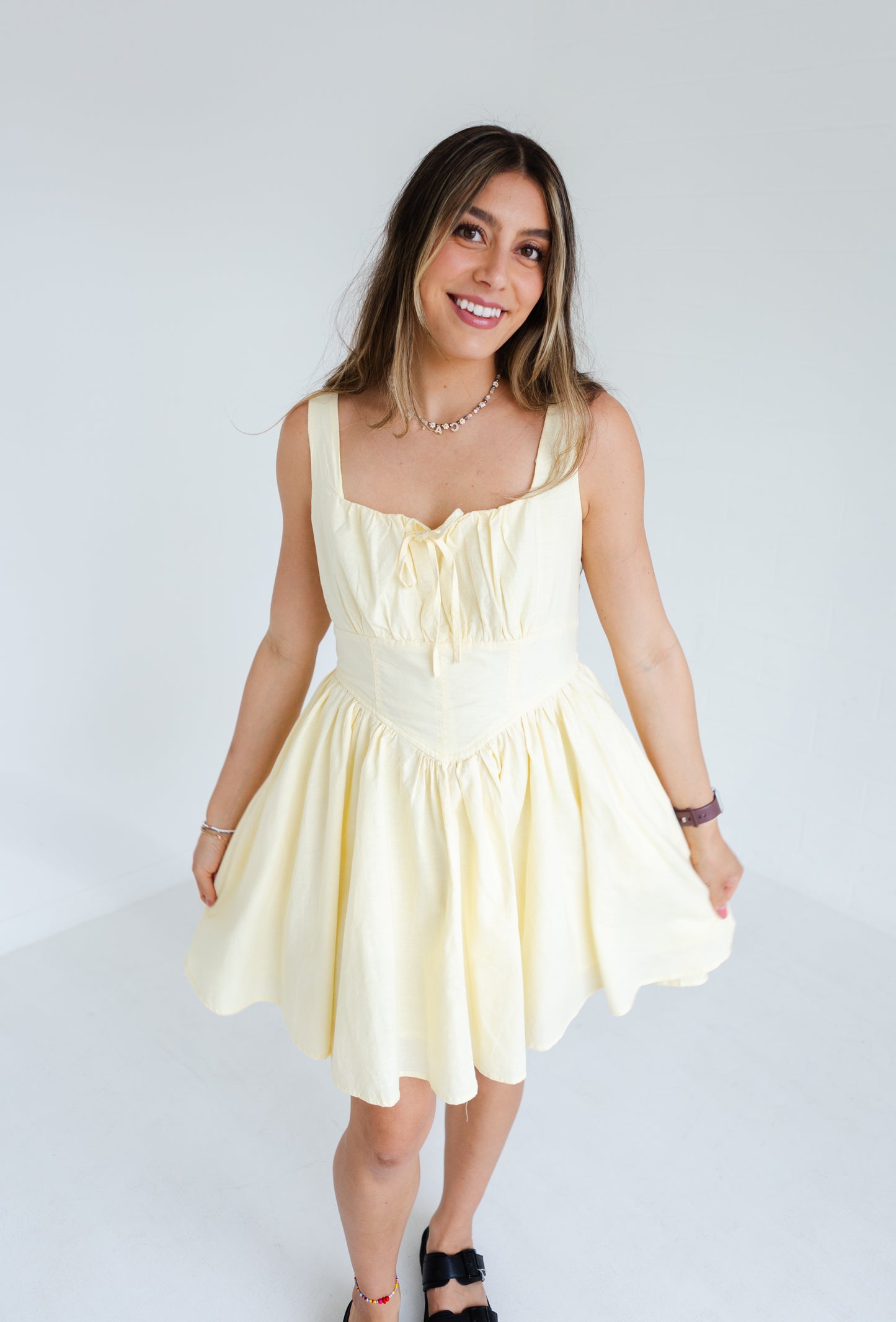 Lemon Water Linen Blend Drop Waist Skater Dress