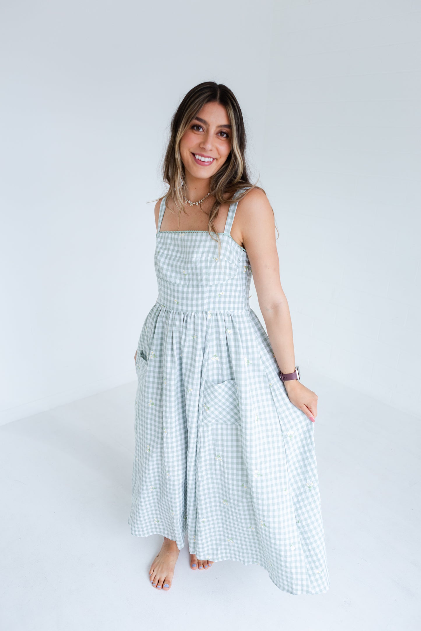 Green Gingham Floral Embroidered Midi Dress