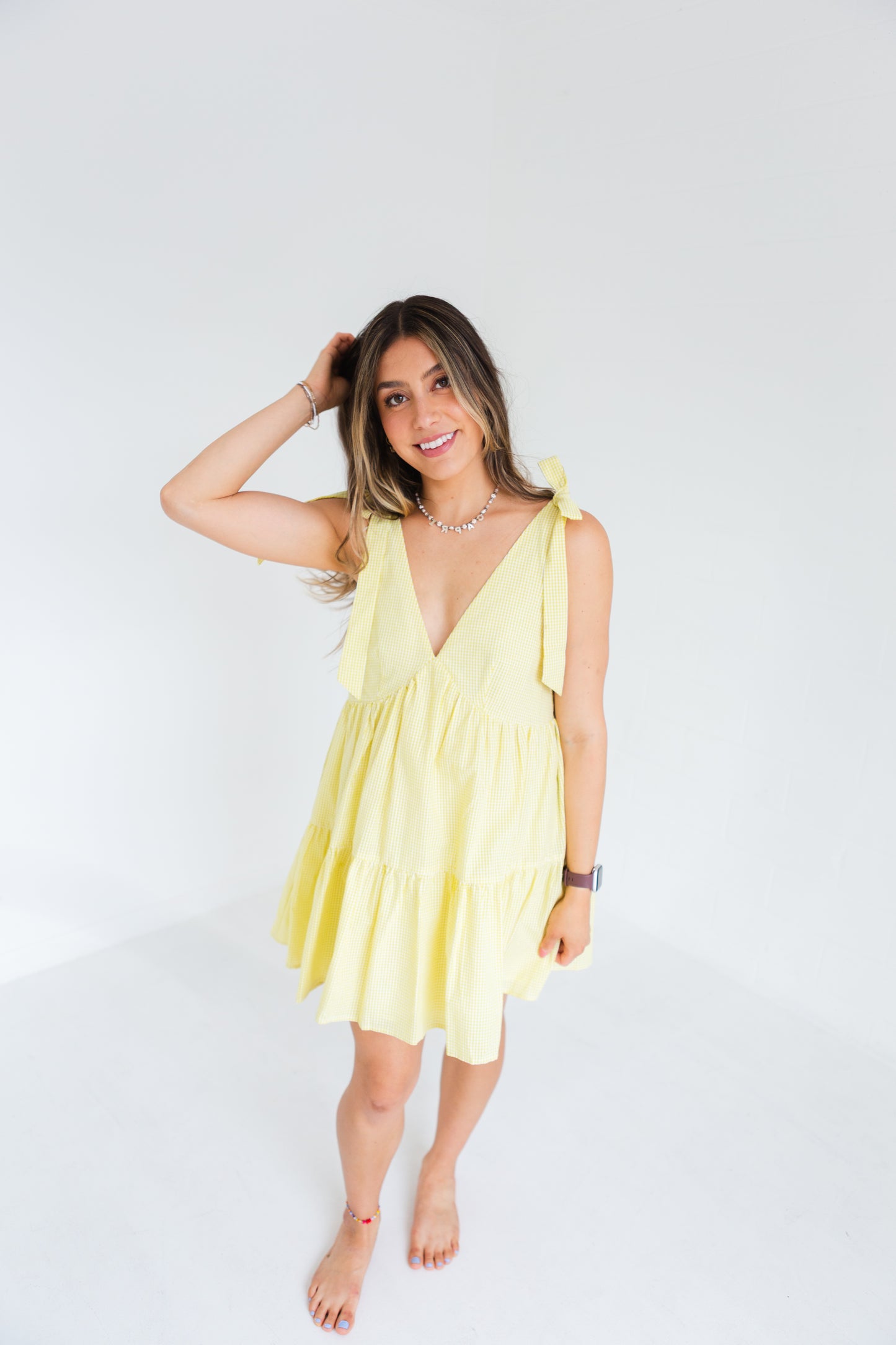 Yellow & White Gingham Tie Shoulder Strap Tiered Gingham Mini Dress