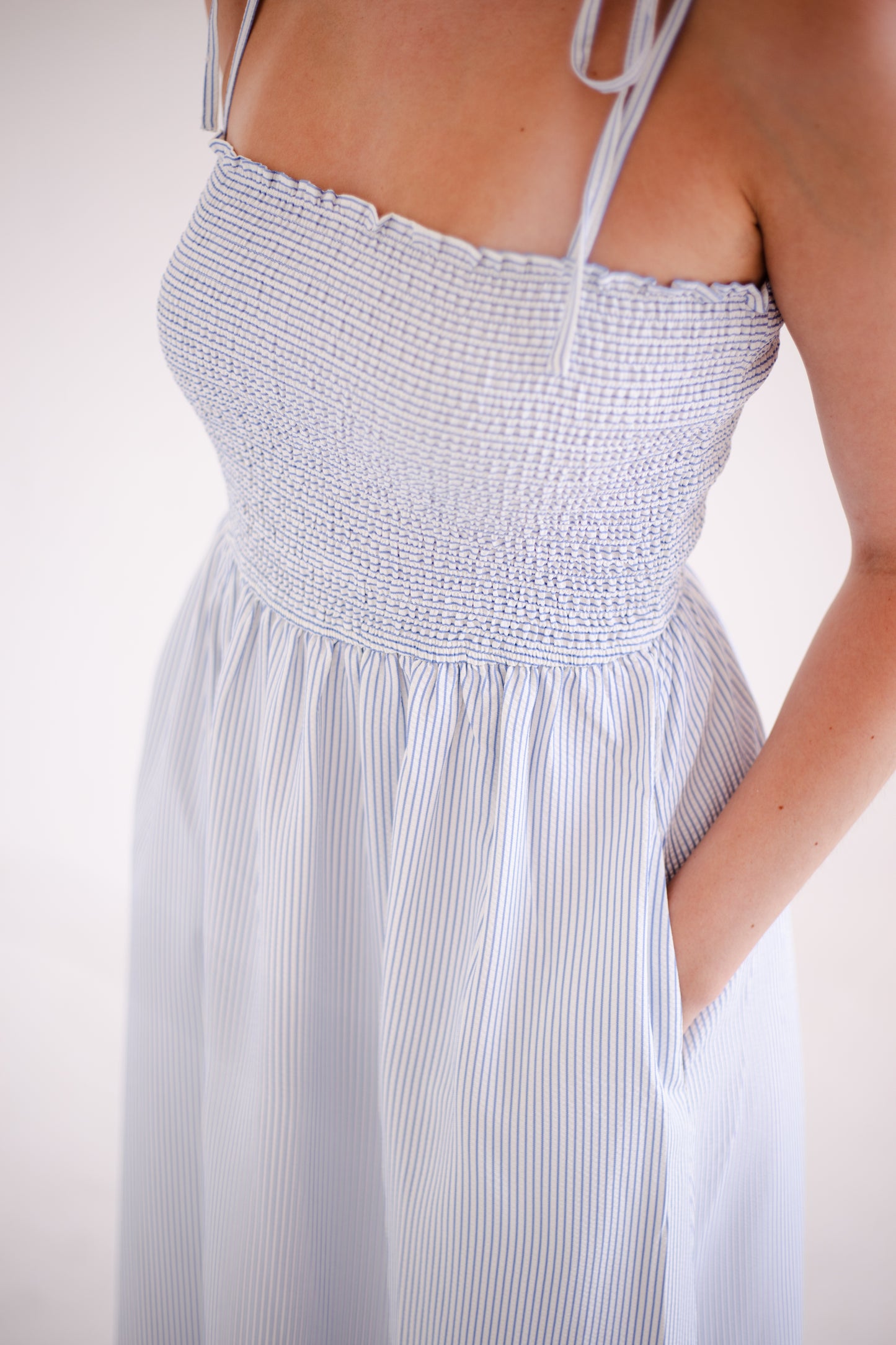 Blue & White Striped Self Tie Shoulder Straps Maxi Dress
