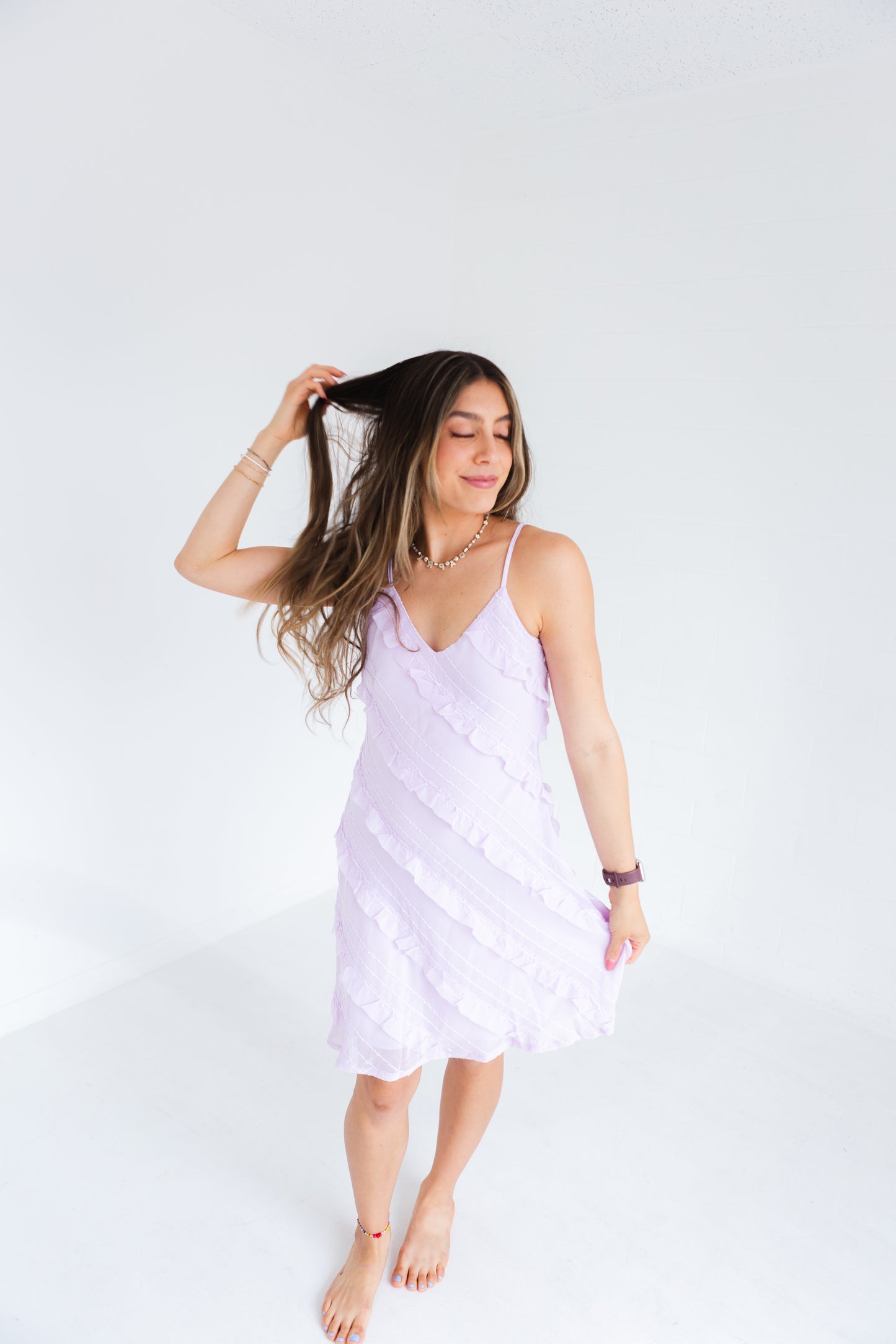 Pale Lilac Textured Bias Cut Ruffled Mini Dress