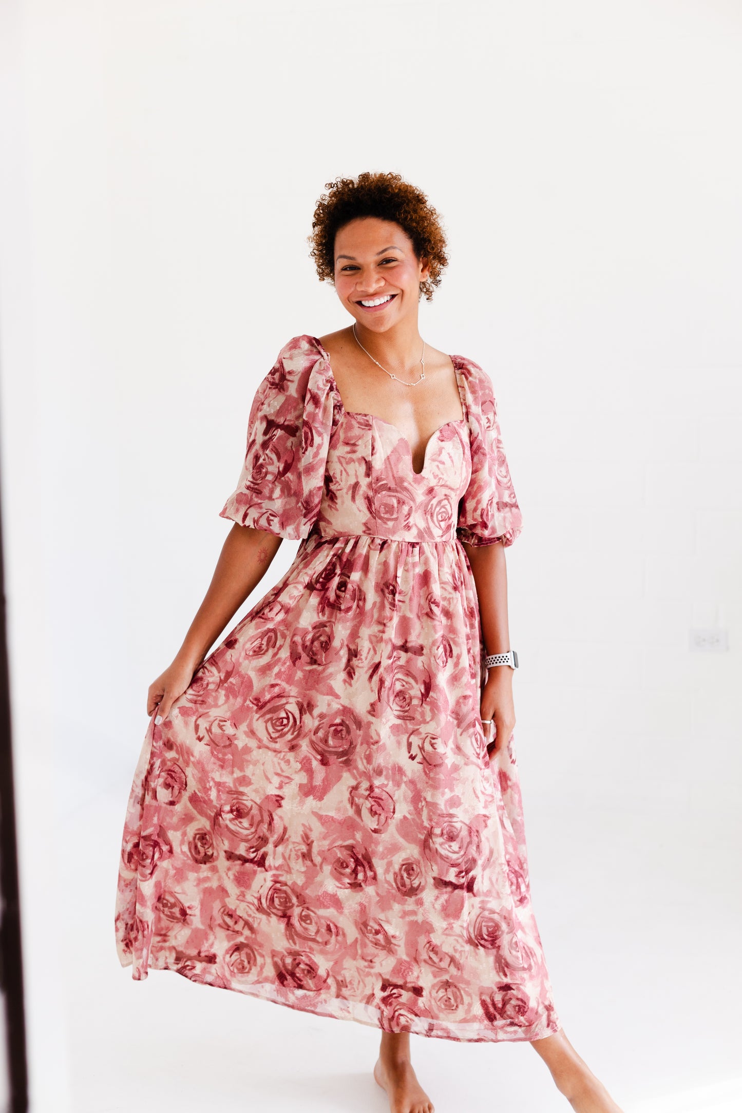 Beige Mauve Floral Textured Jacquared Midi Dress