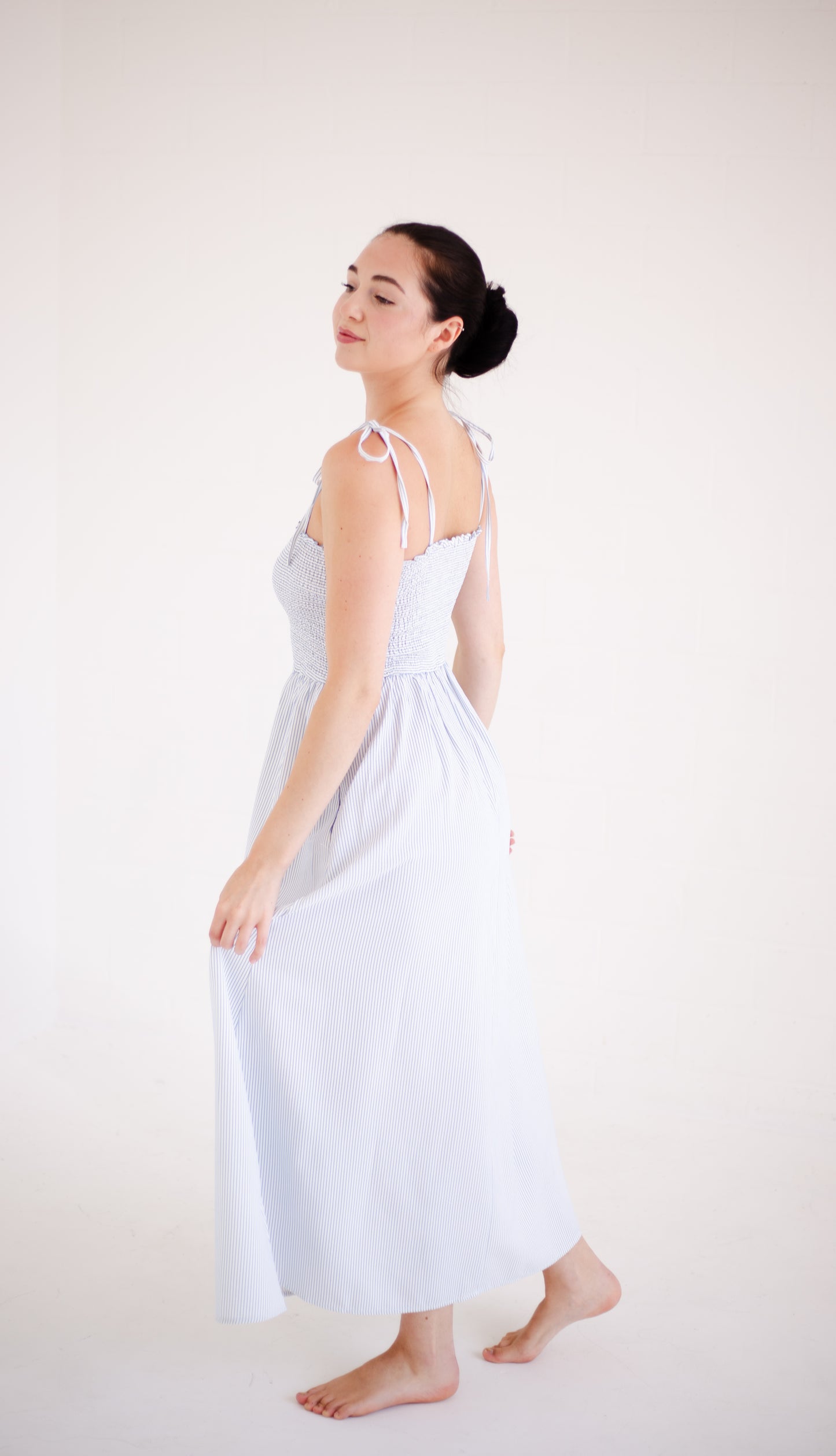 Blue & White Striped Self Tie Shoulder Straps Maxi Dress