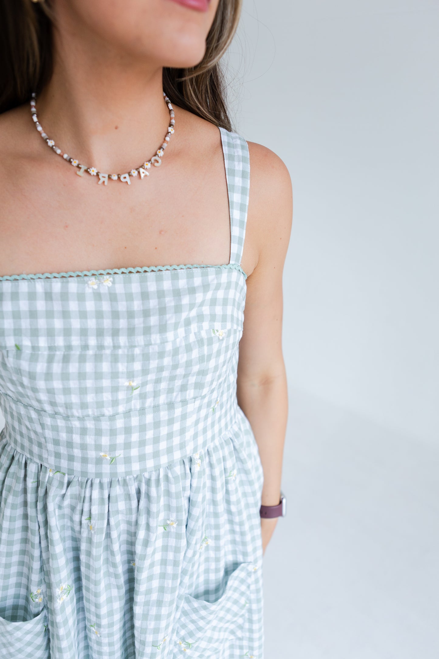 Green Gingham Floral Embroidered Midi Dress