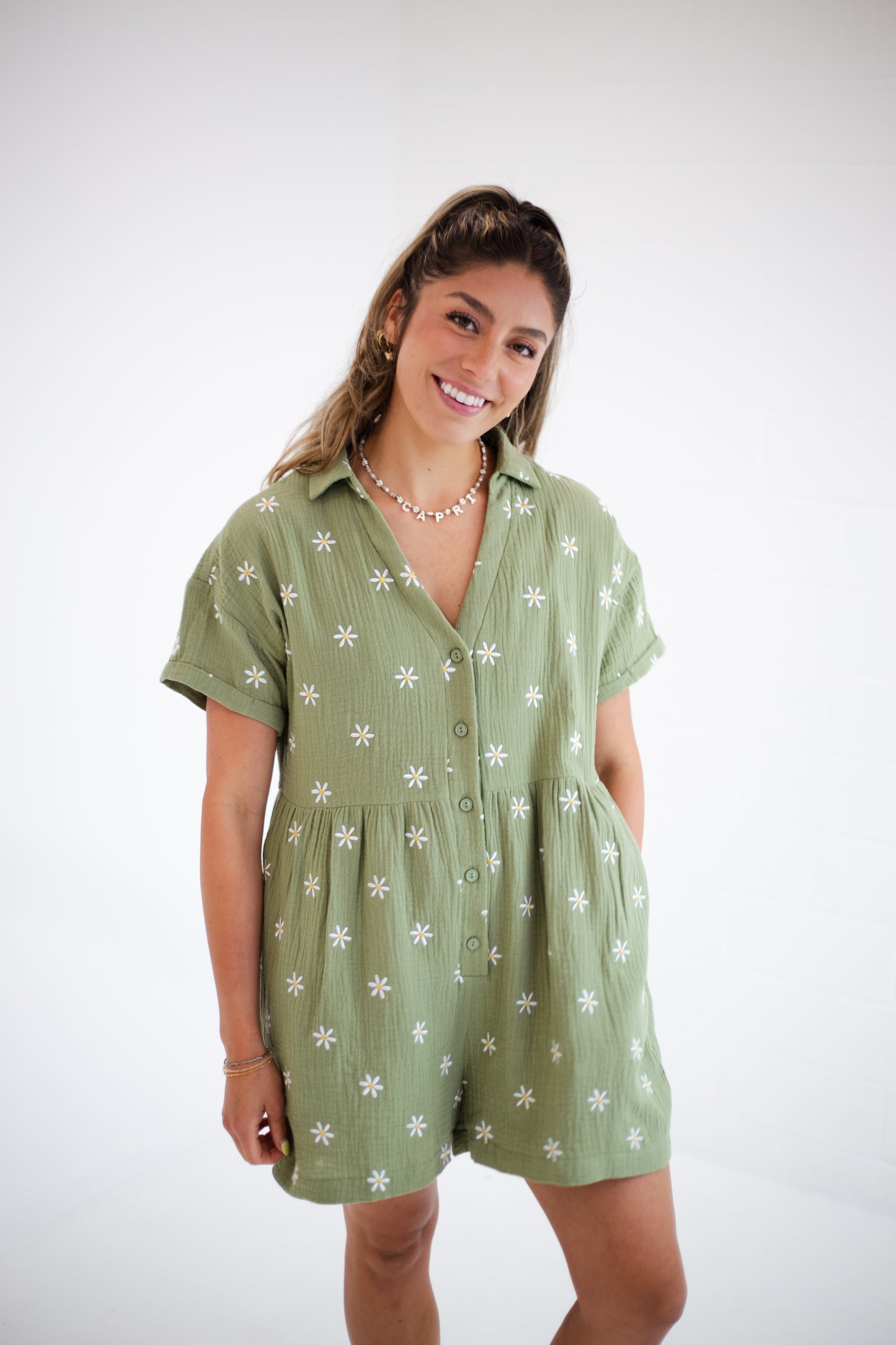 Olive Button Up Floral Romper