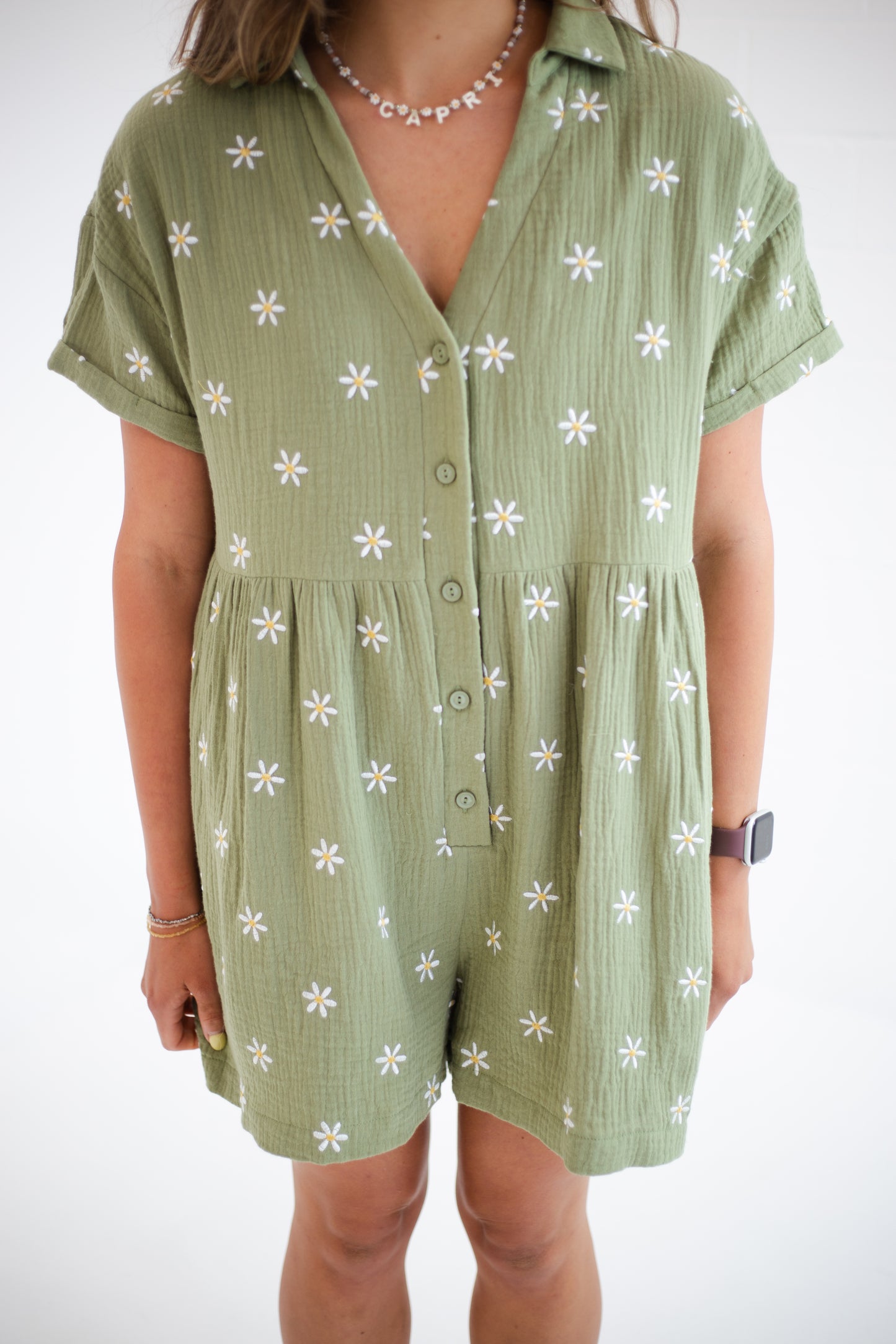 Olive Button Up Floral Romper