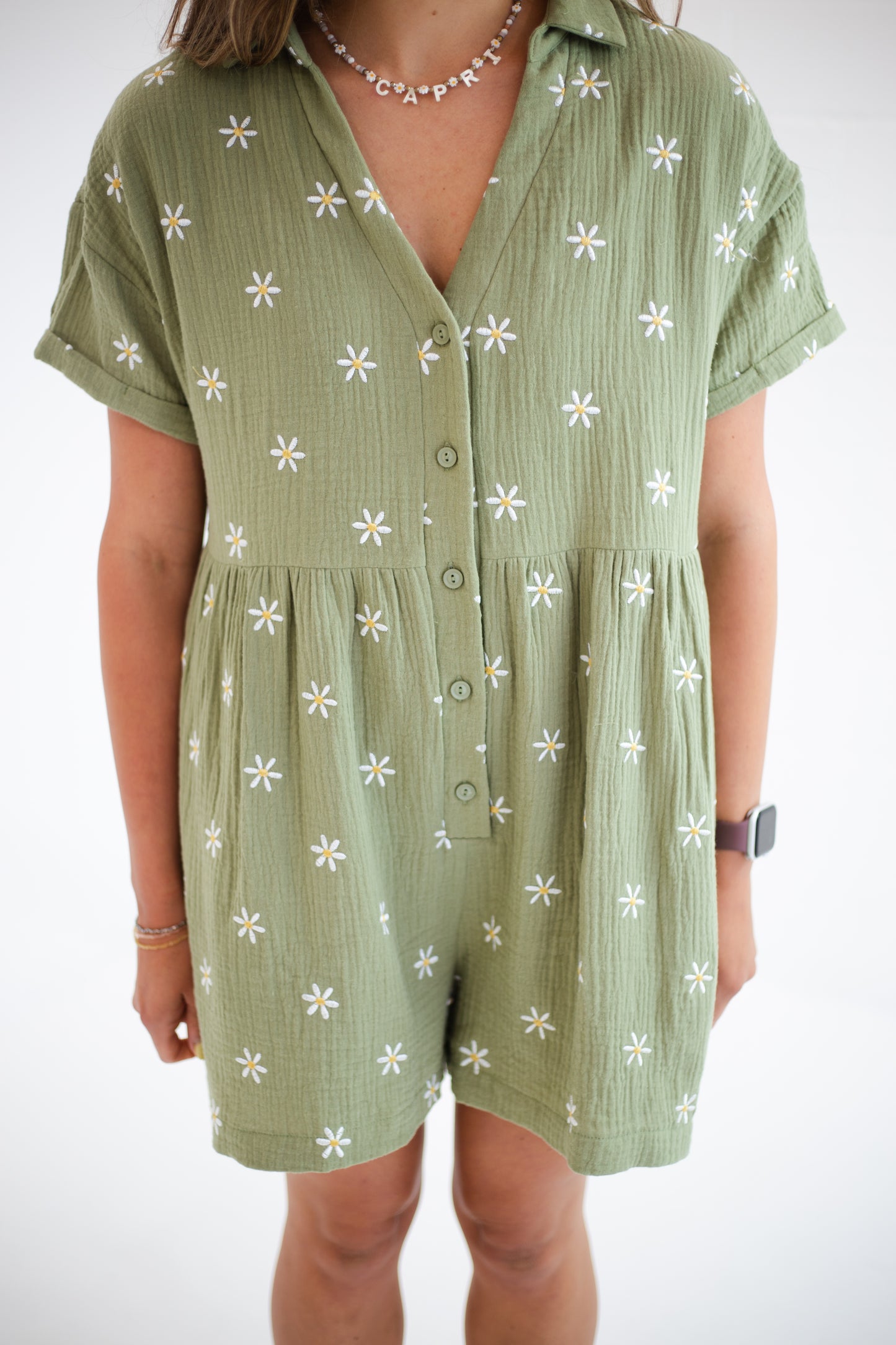 Olive Button Up Floral Romper