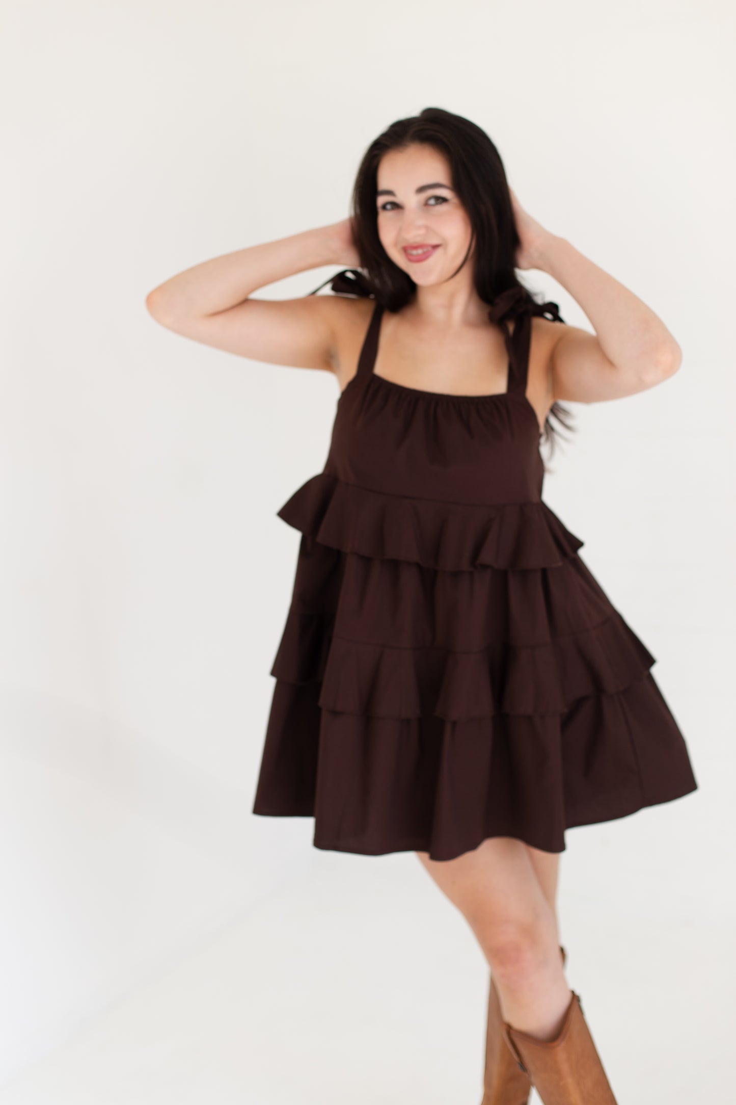 Dark Brown Ruffle Detail Flowing Sleeveless Mini Dress