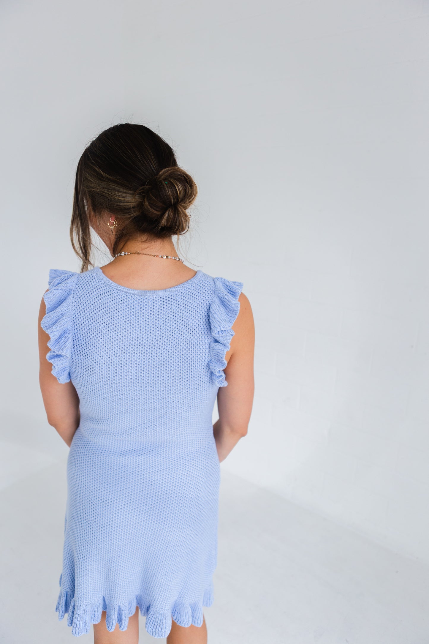 Light Blue Knit Sweater Mini Dress with Mini Ruffle Sleeve