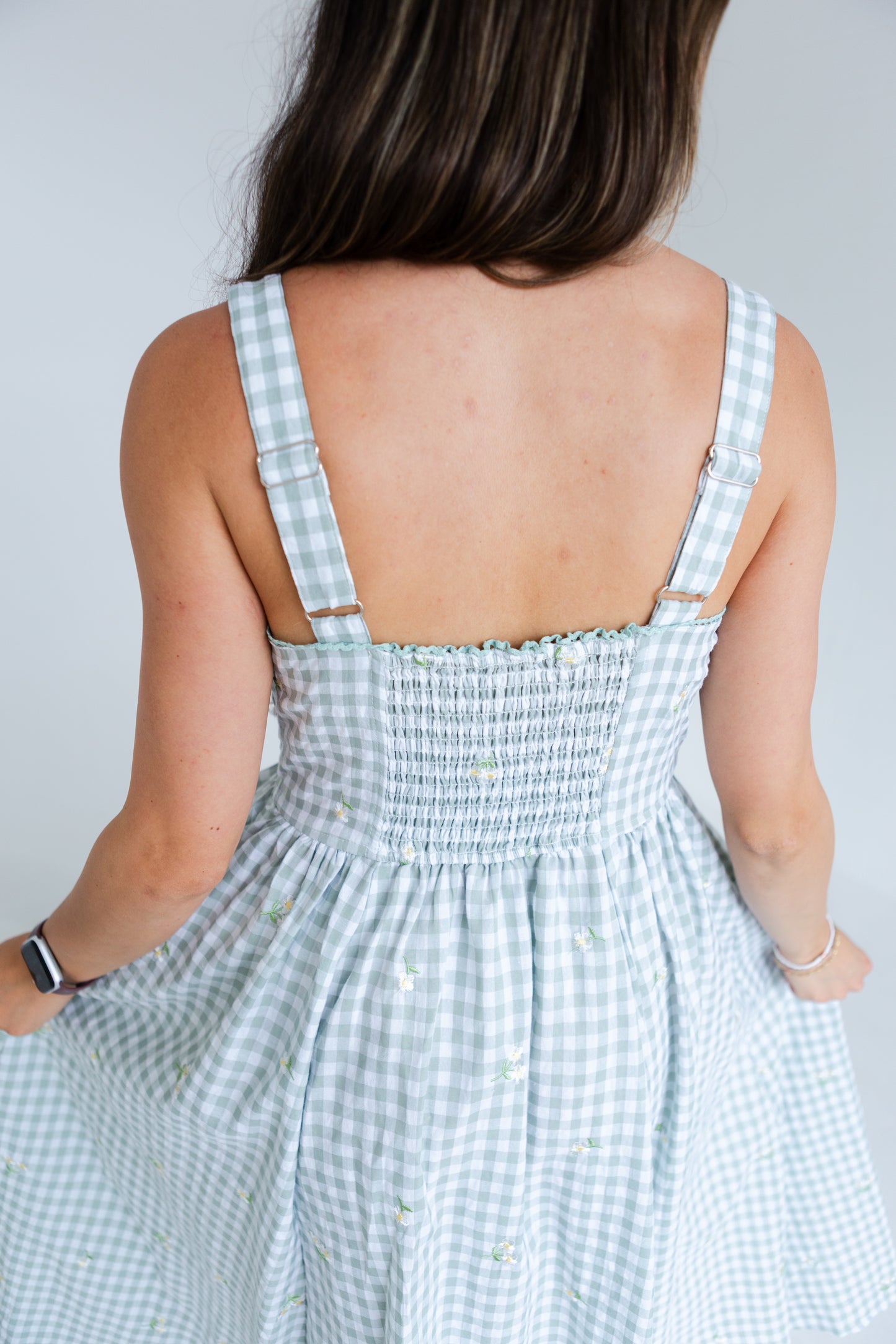 Green Gingham Floral Embroidered Midi Dress