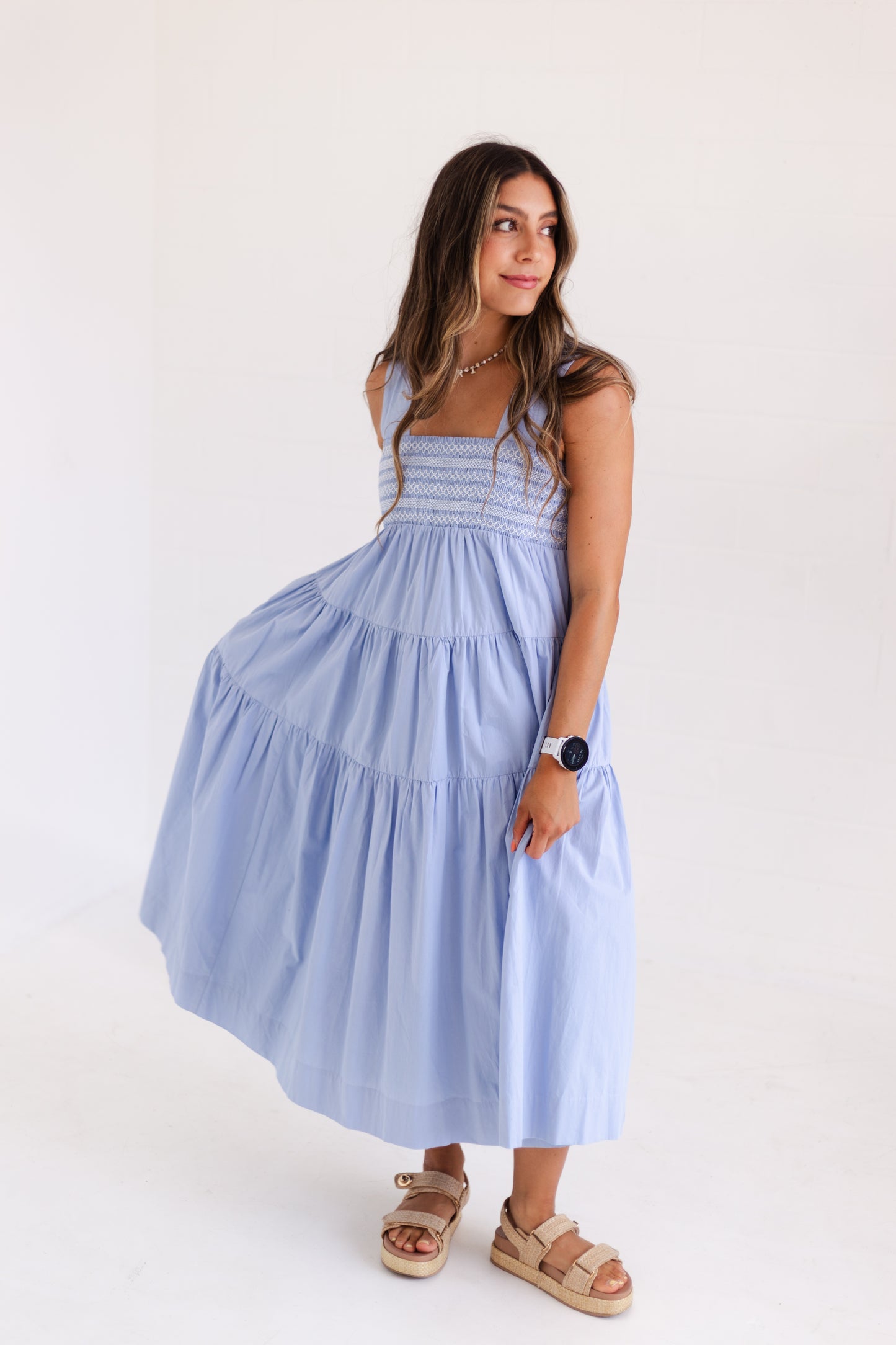 Cloud White Embrodiered Tiered Midi Dress