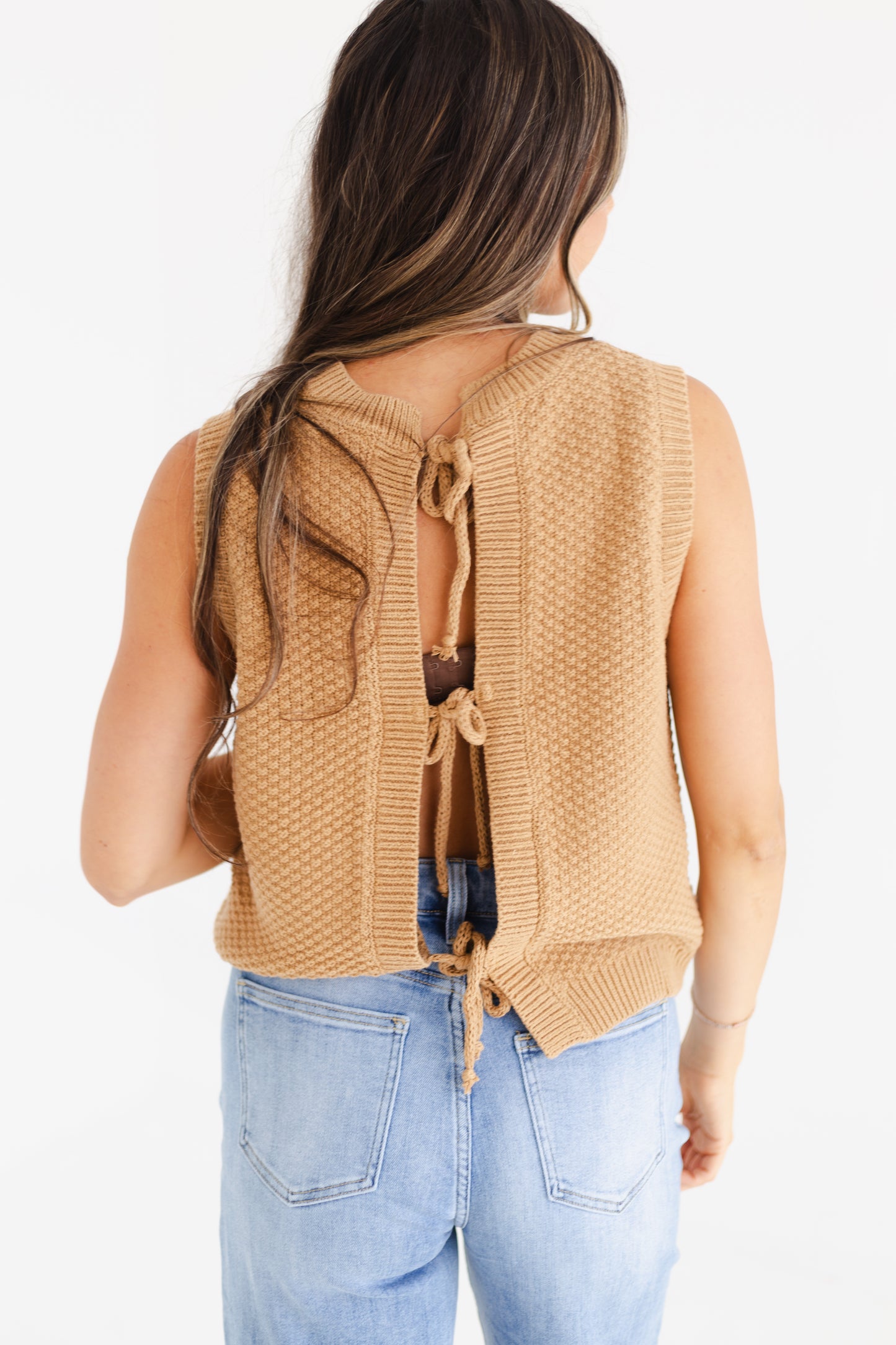 Caramel Textured Self Back Ties Sweater Vest