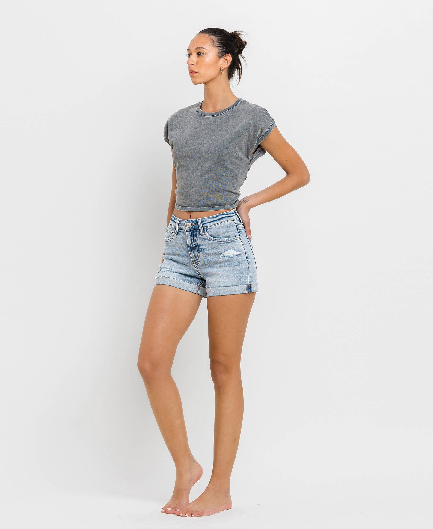 High Rise Single Cuff Denim Shorts