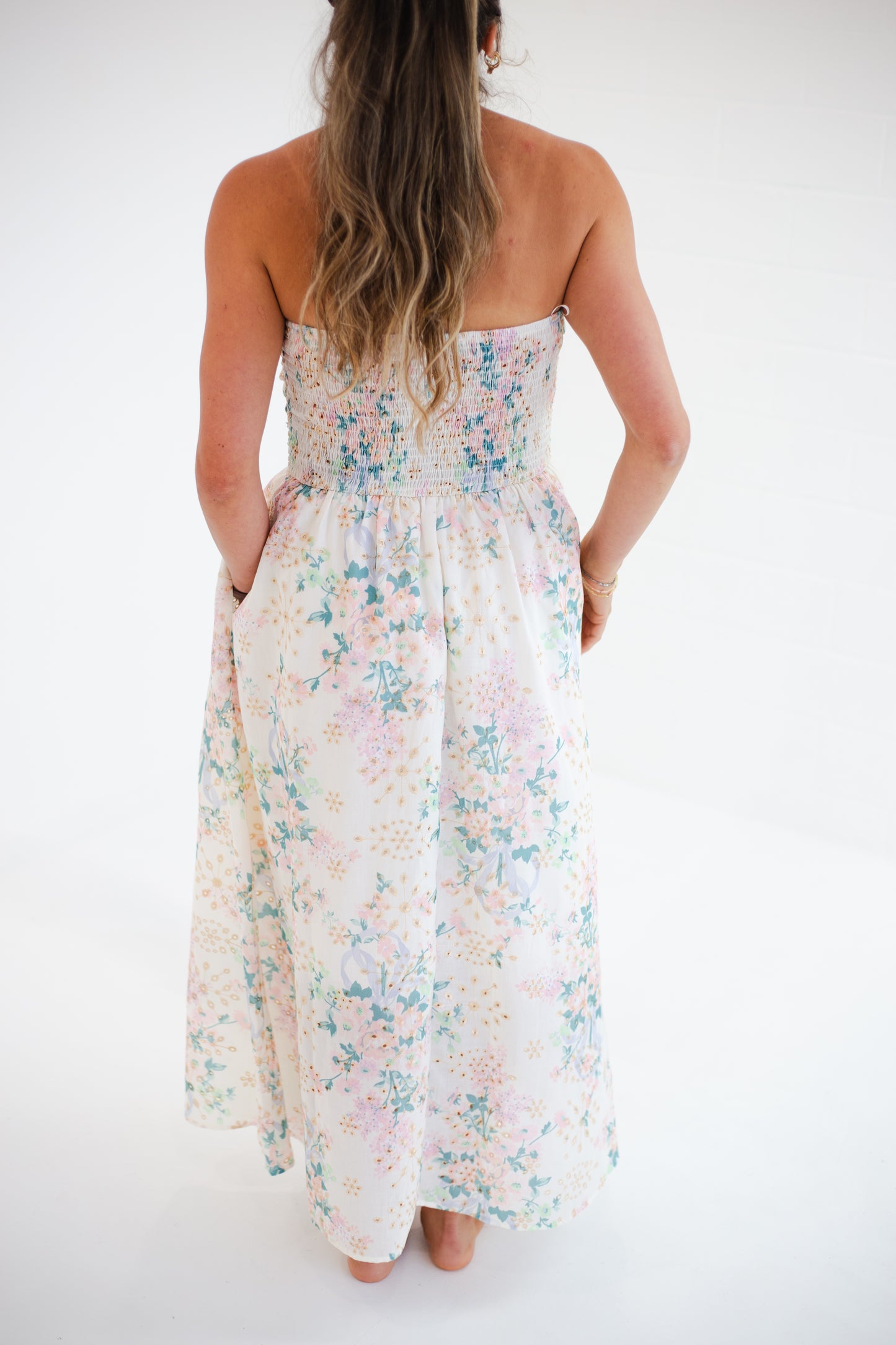 Spring Bloom Floral Lace Runched Maxi Tube Dress
