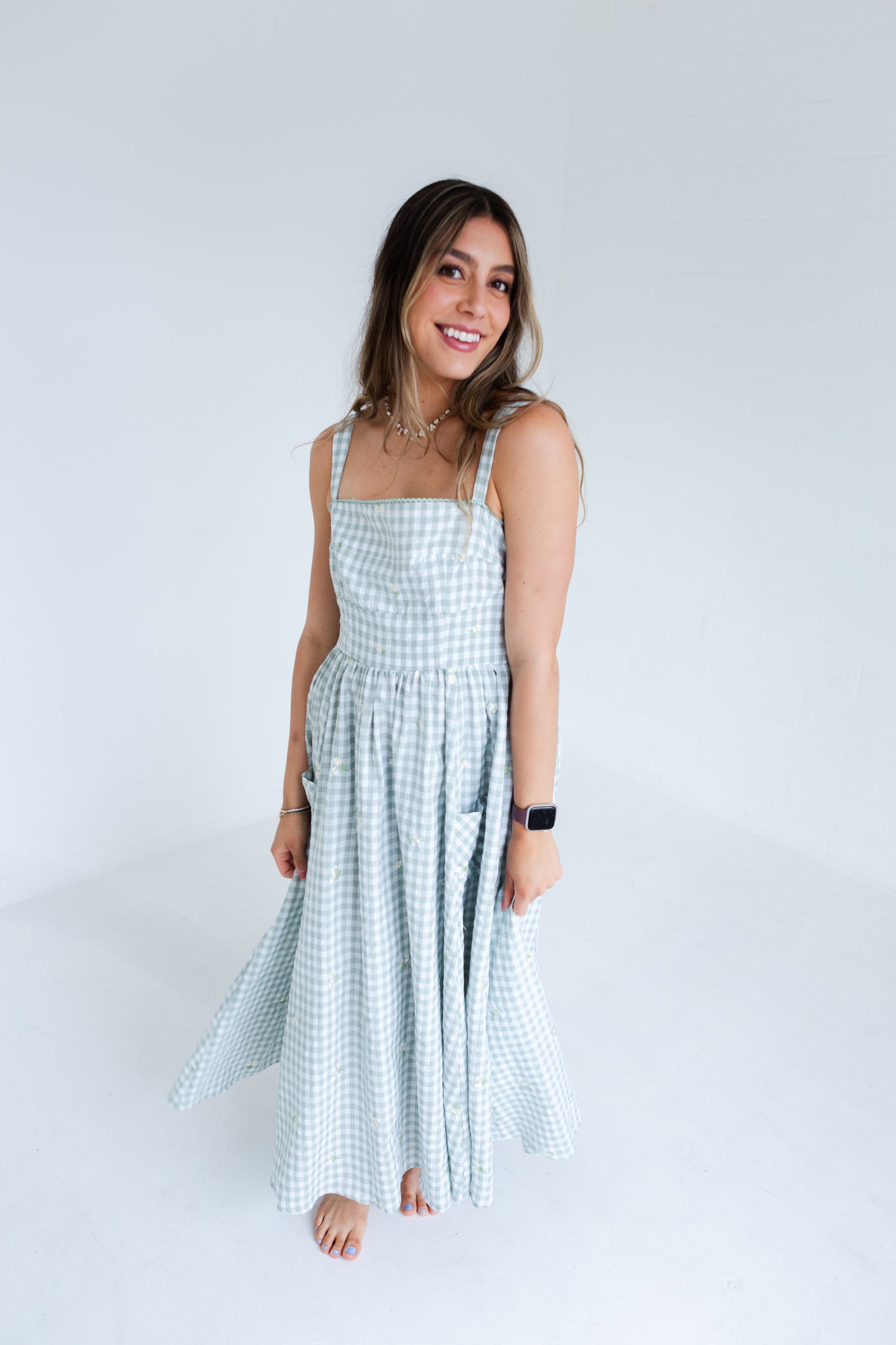 Green Gingham Floral Embroidered Midi Dress