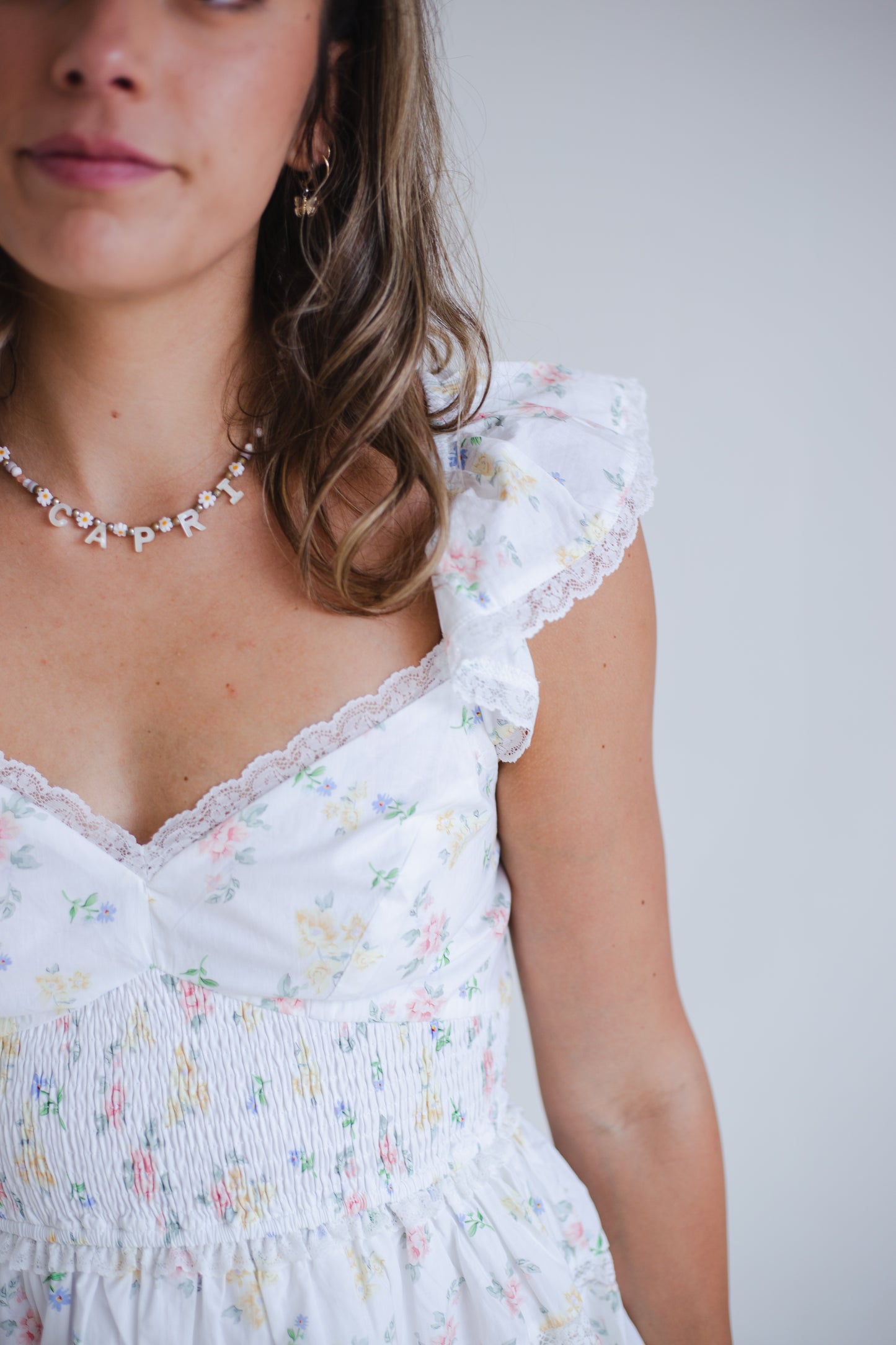 Peach Multi Floral Print Smocked Tiered Mini Dress