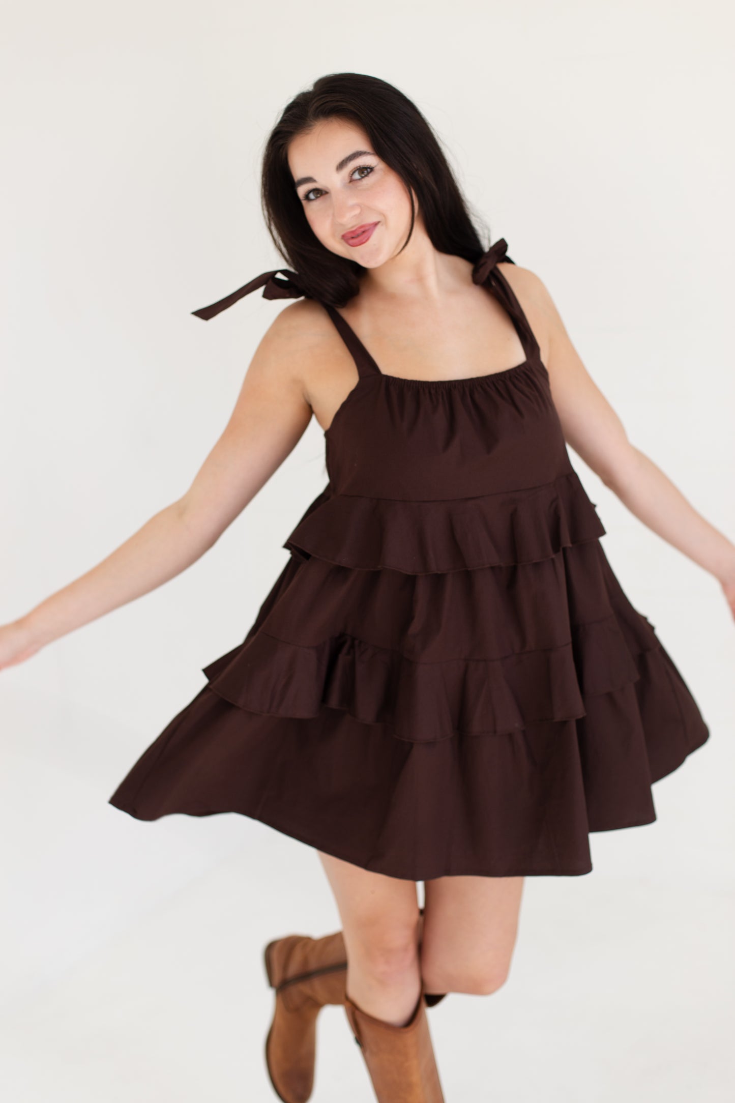 Dark Brown Ruffle Detail Flowing Sleeveless Mini Dress