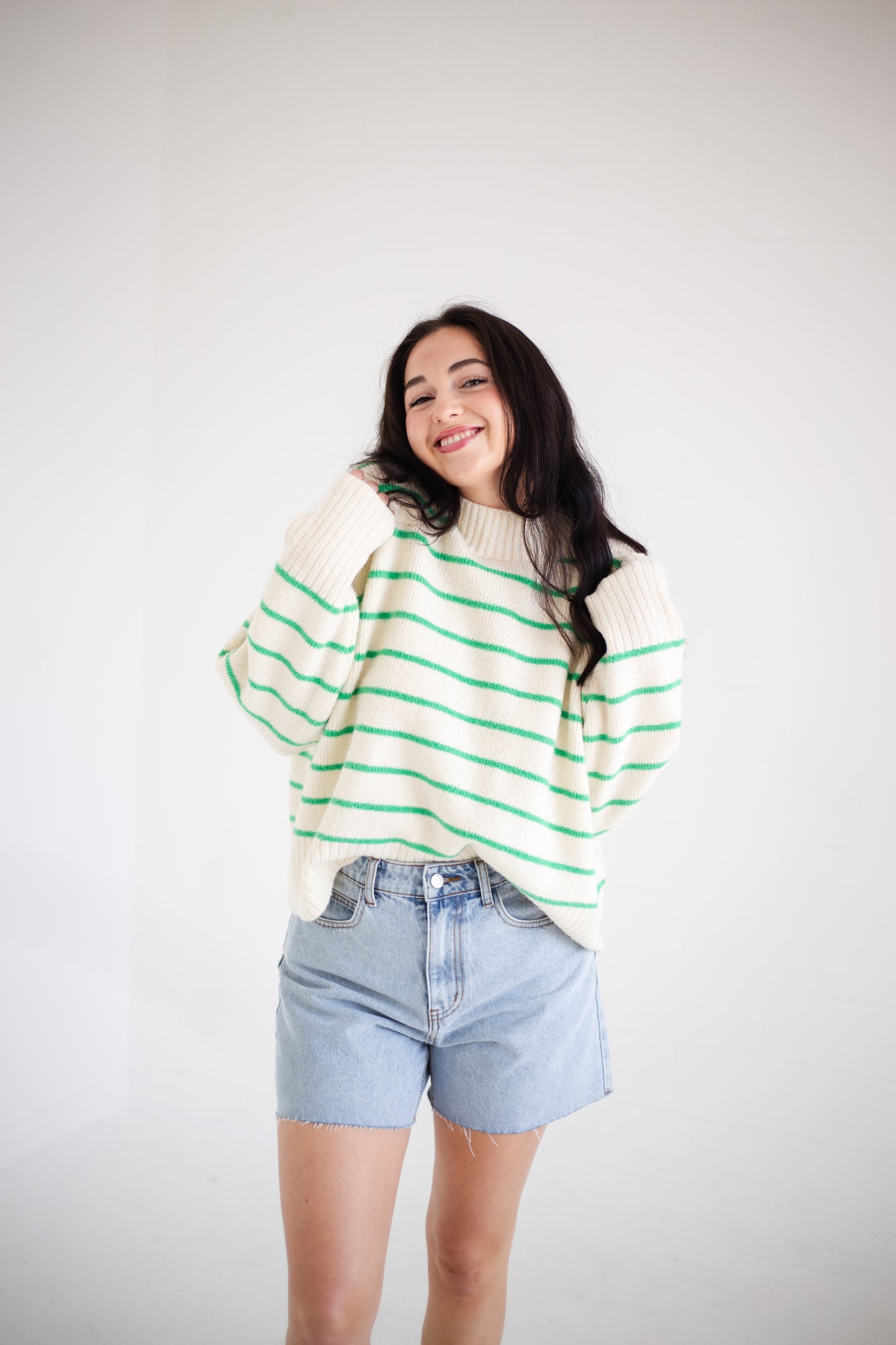 Cream & Green Striped Sweater