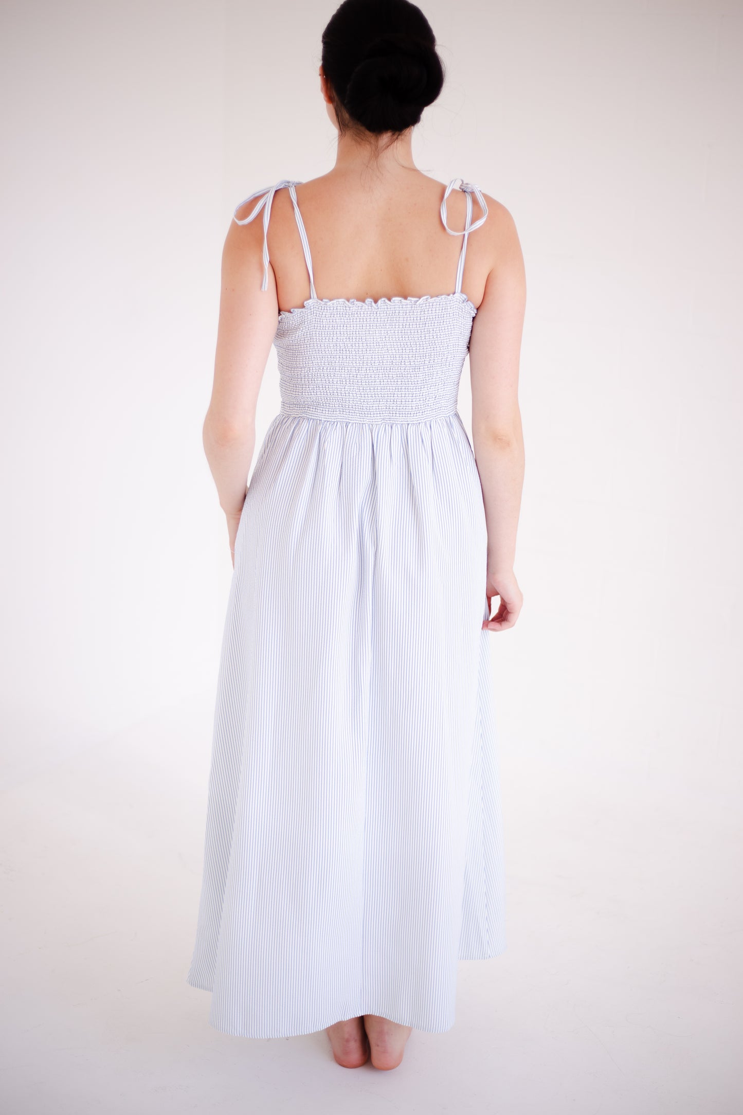 Blue & White Striped Self Tie Shoulder Straps Maxi Dress