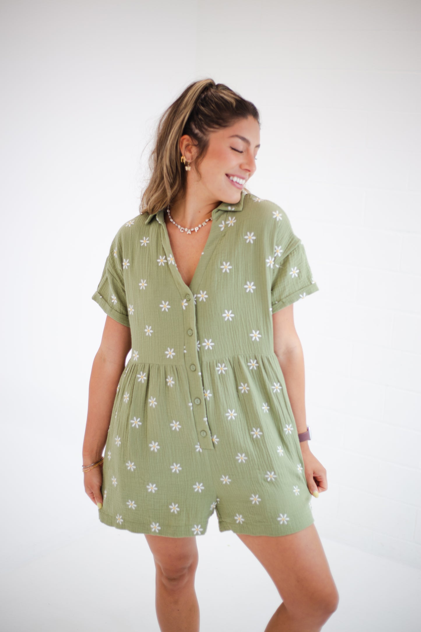 Olive Button Up Floral Romper