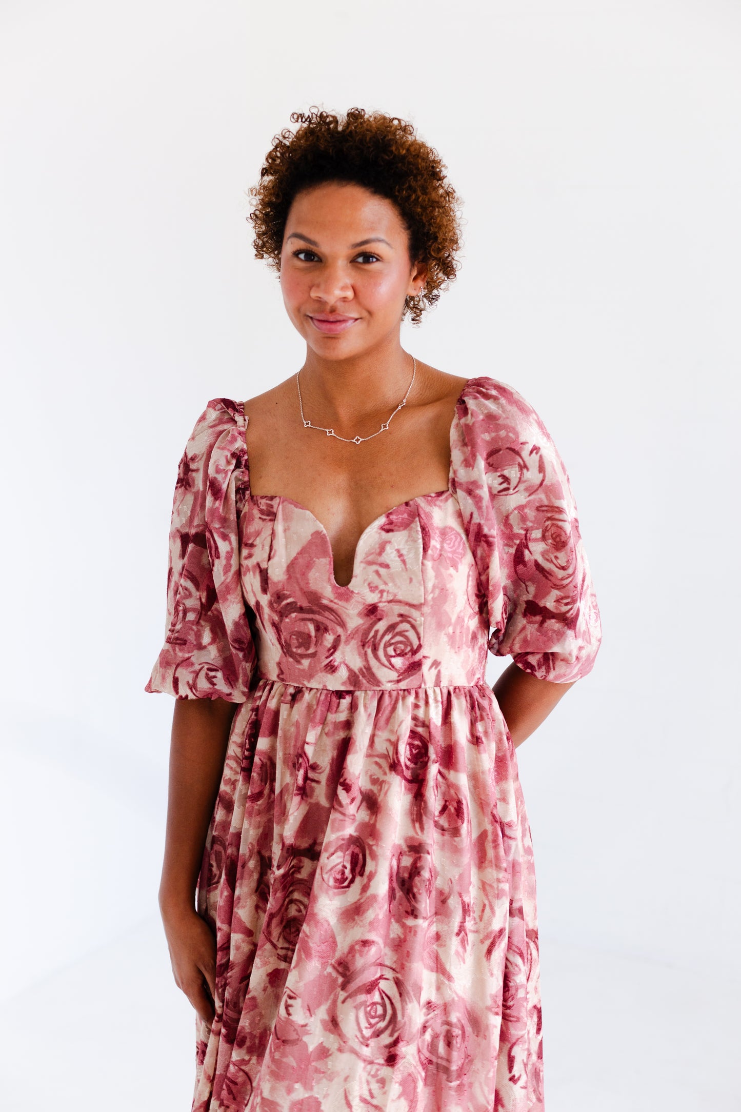 Beige Mauve Floral Textured Jacquared Midi Dress