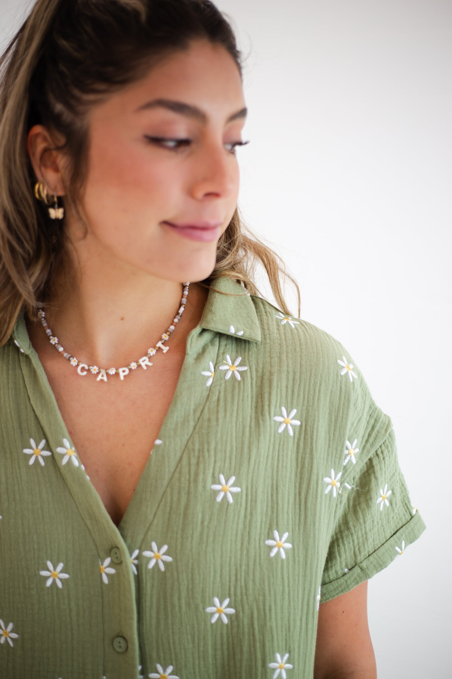 Olive Button Up Floral Romper