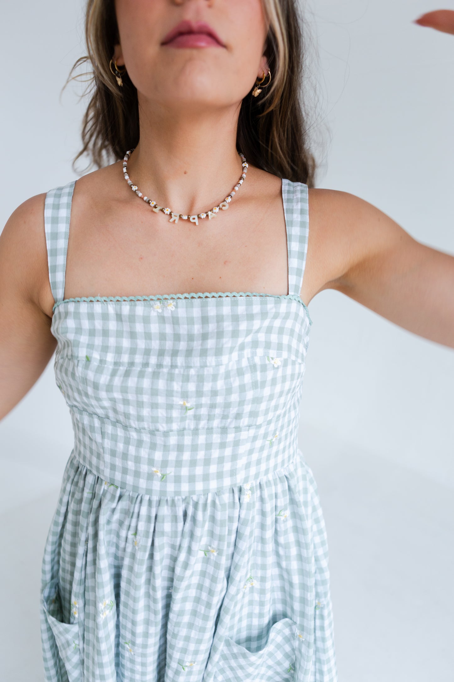 Green Gingham Floral Embroidered Midi Dress