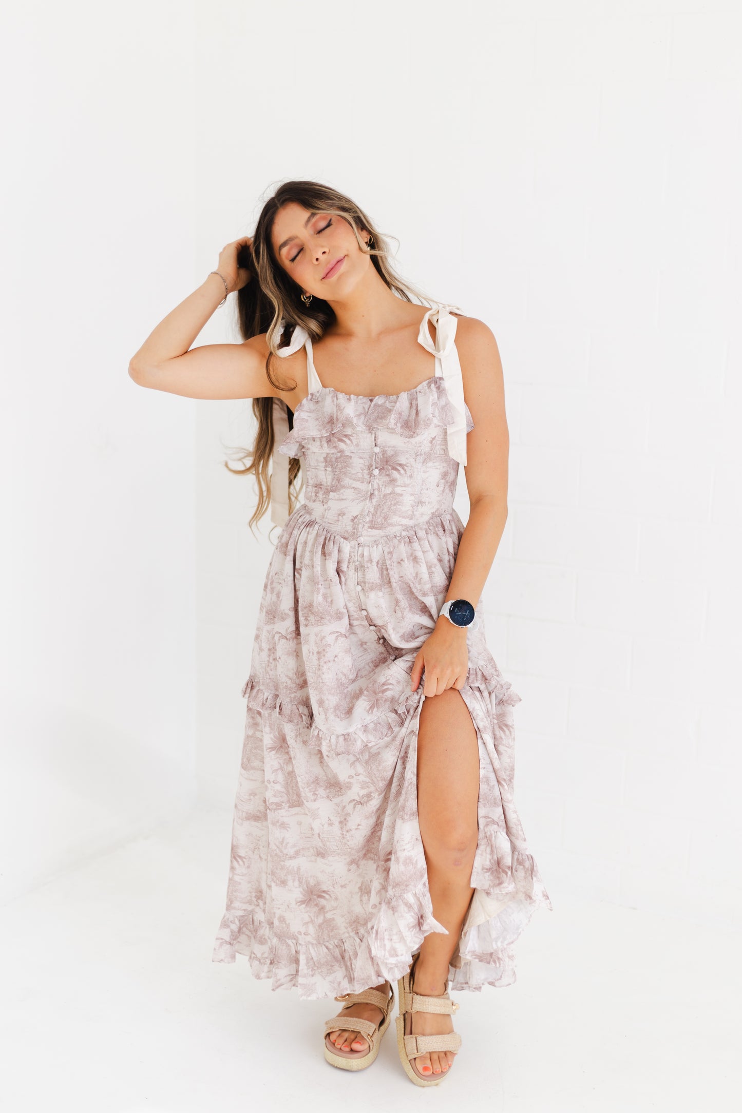 Brown Printed Linen Contrast Shoulder Strap Midi Dress
