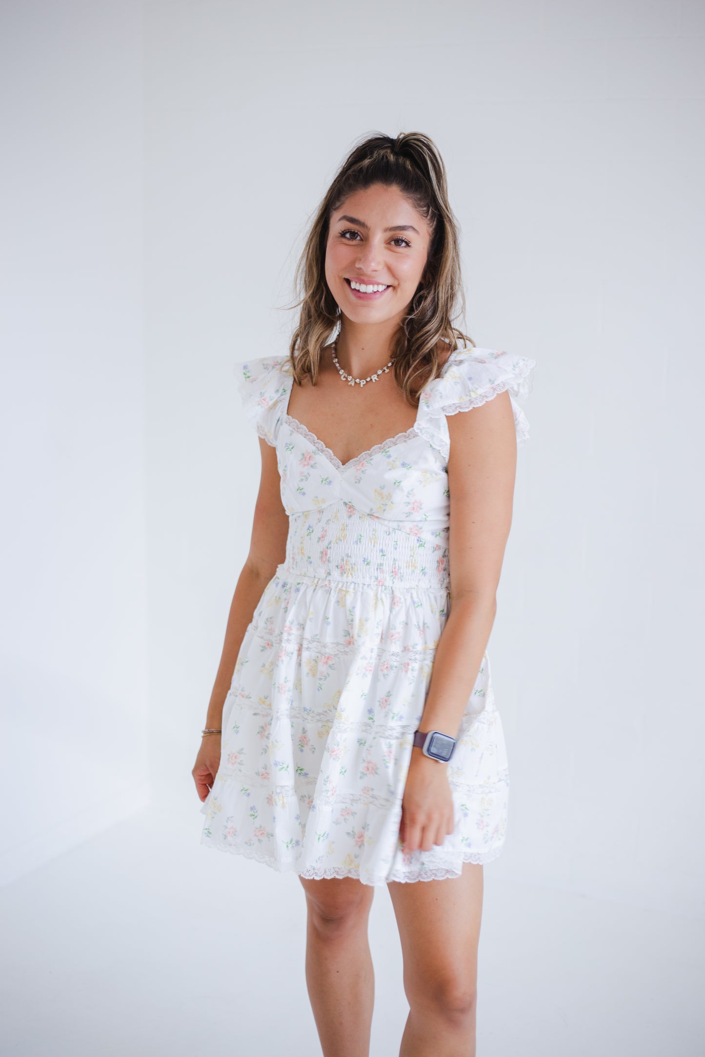 Peach Multi Floral Print Smocked Tiered Mini Dress
