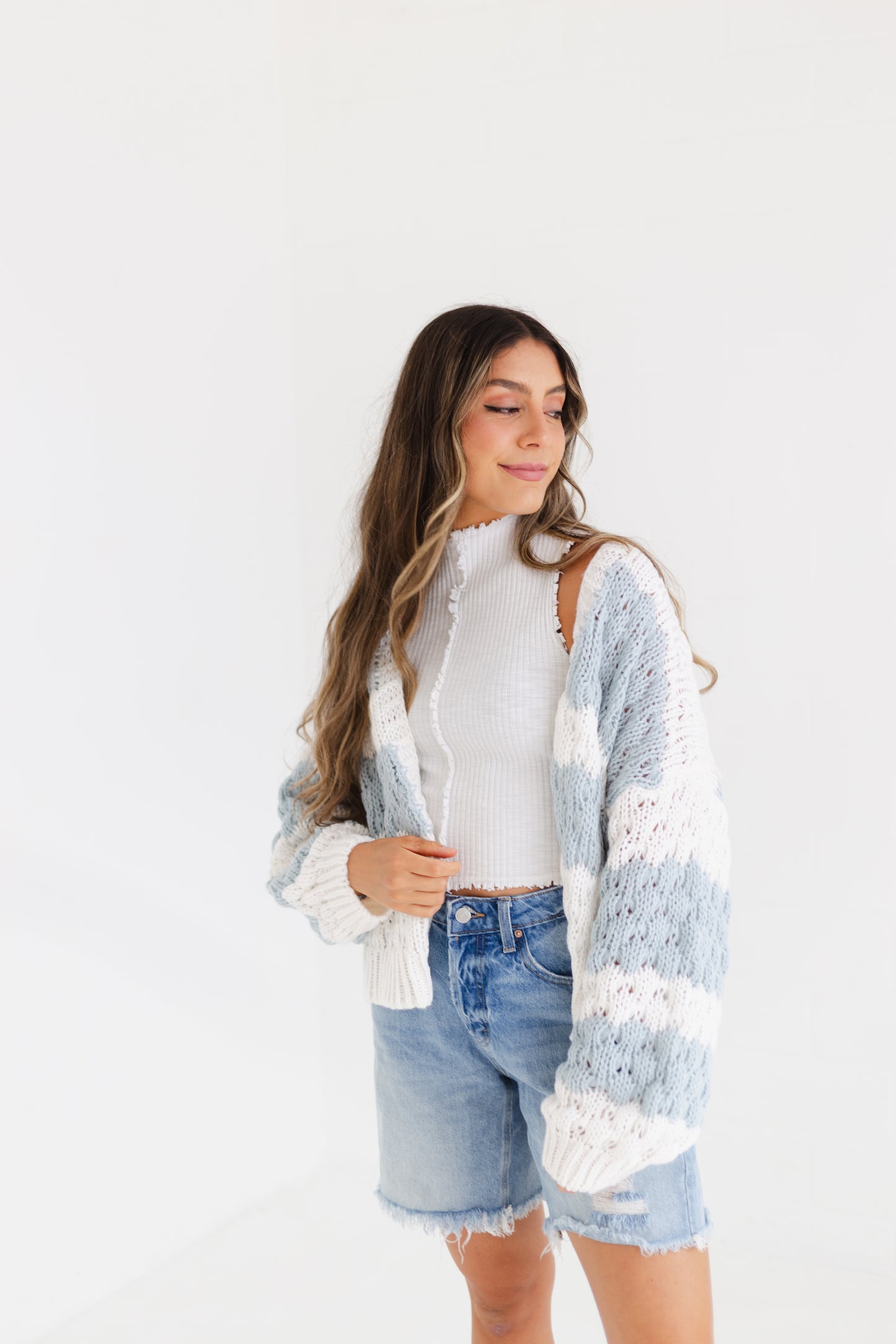 Off White & Sage Textured Striped Sweater Cardigan
