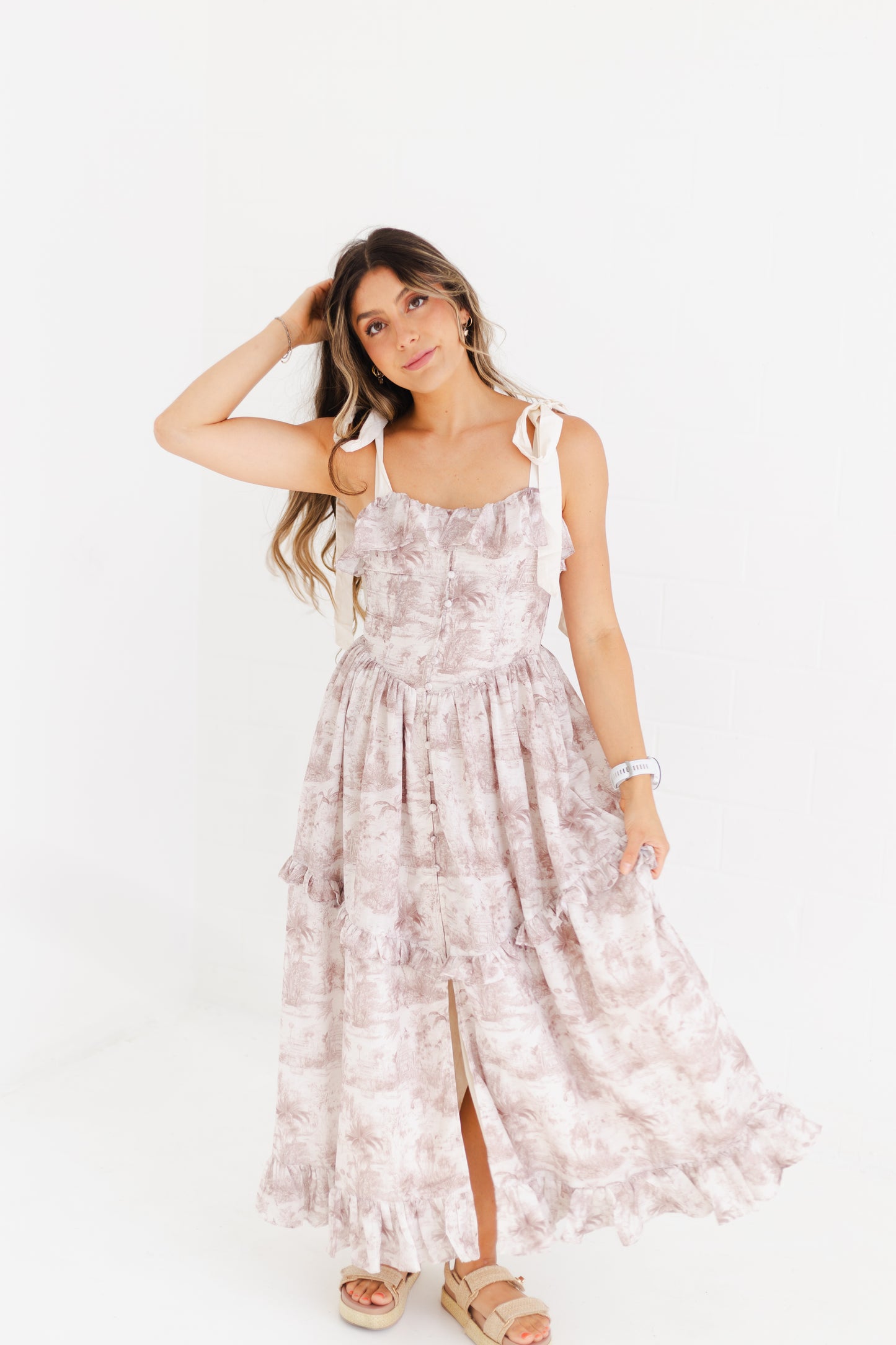 Brown Printed Linen Contrast Shoulder Strap Midi Dress