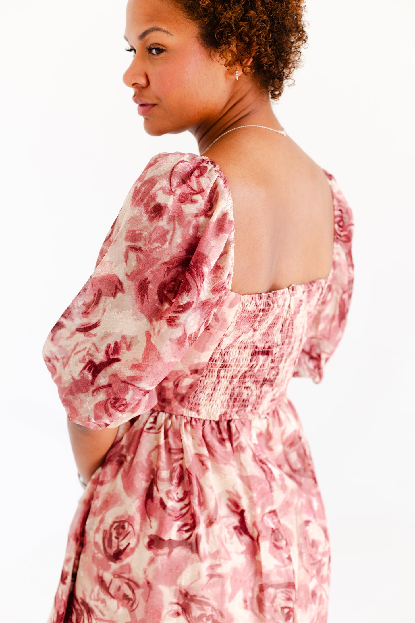 Beige Mauve Floral Textured Jacquared Midi Dress
