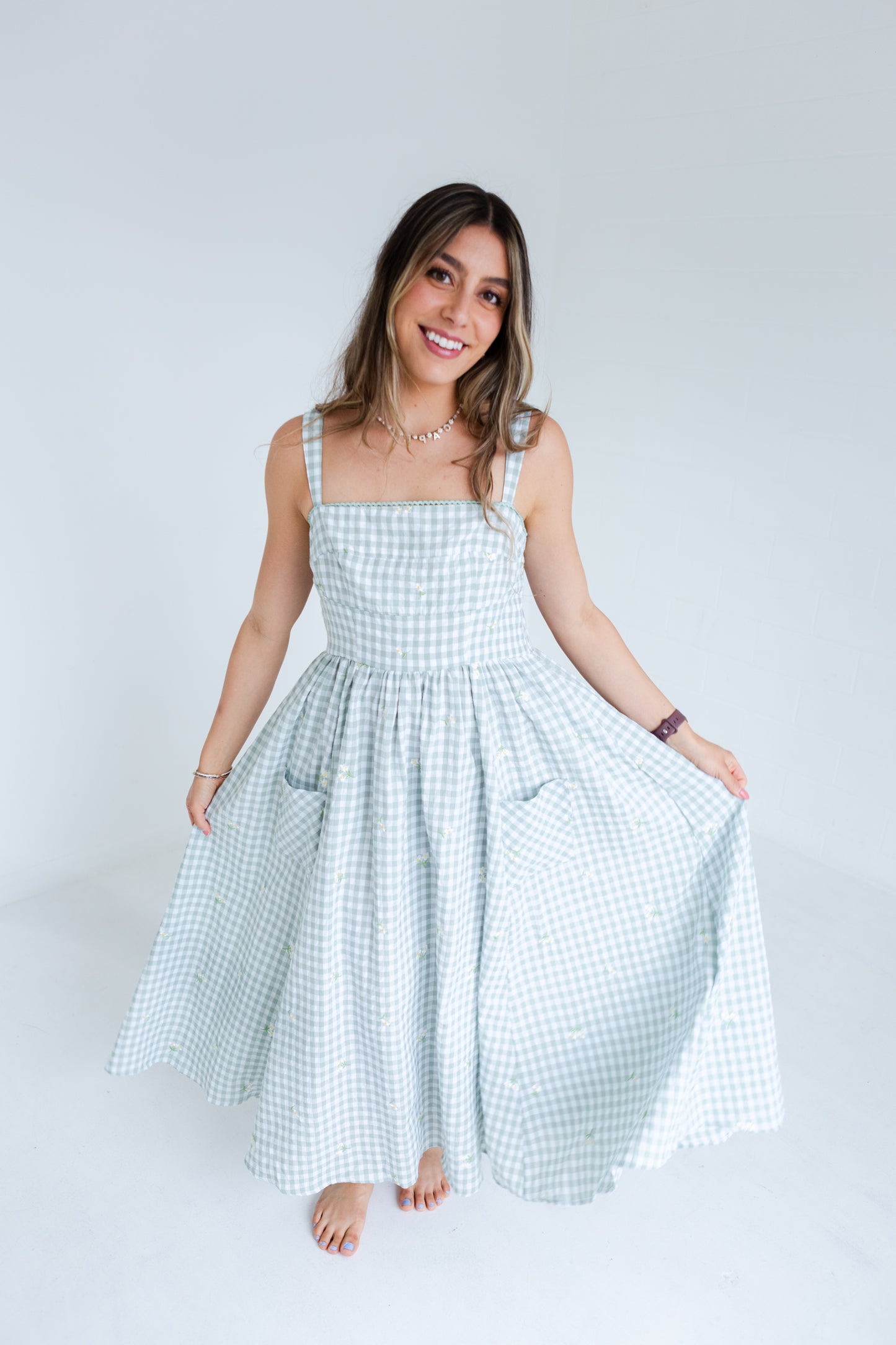 Green Gingham Floral Embroidered Midi Dress
