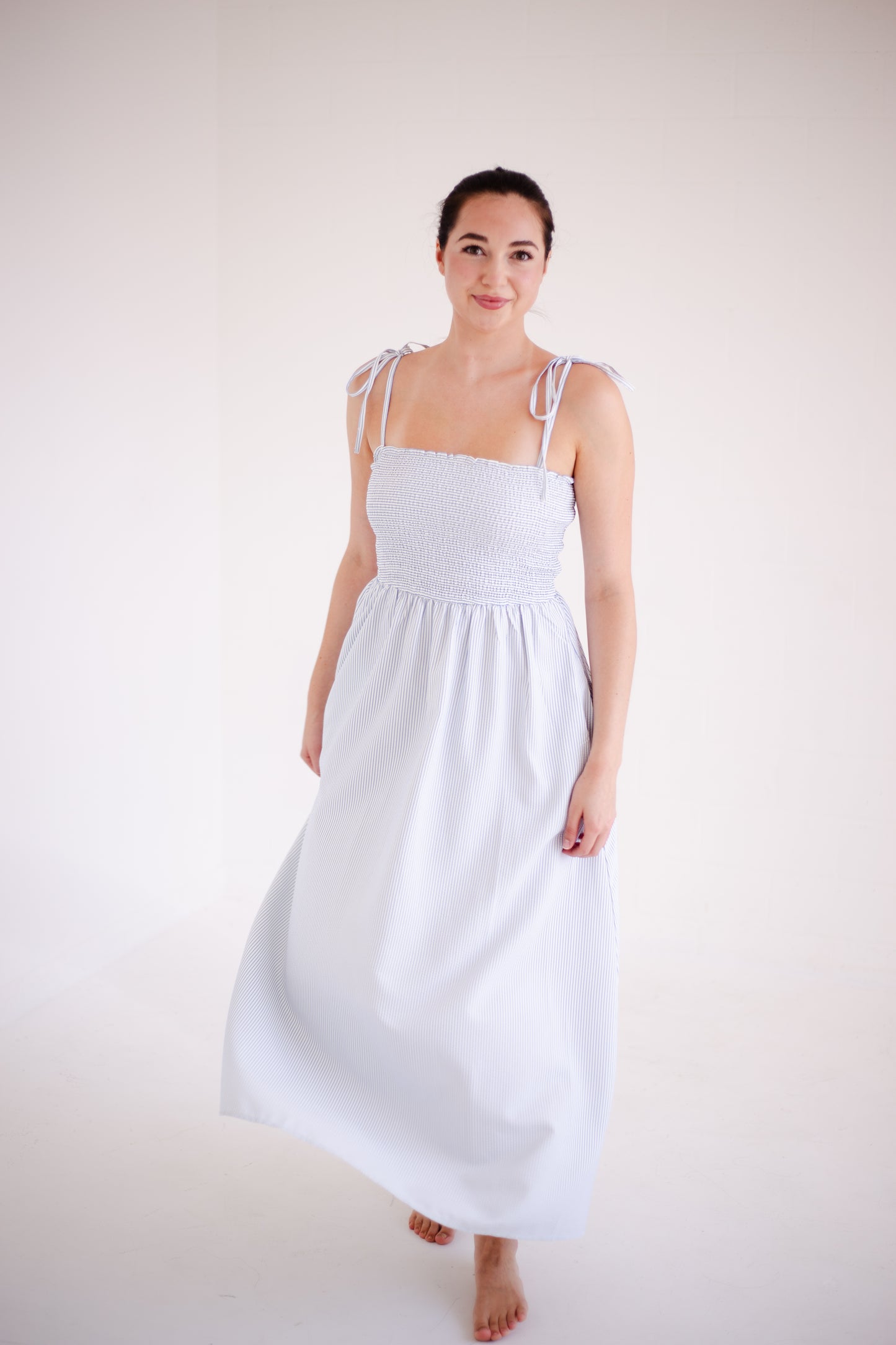 Blue & White Striped Self Tie Shoulder Straps Maxi Dress