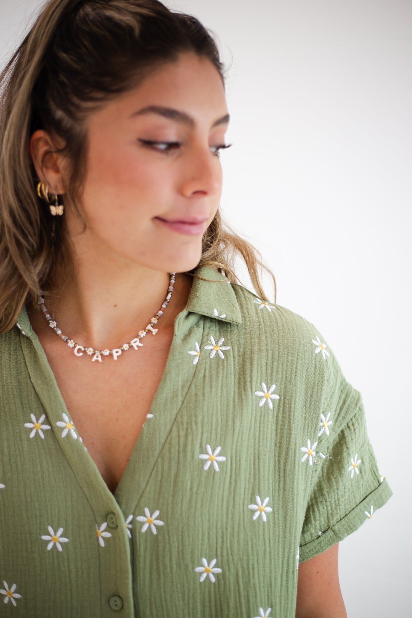 Olive Button Up Floral Romper