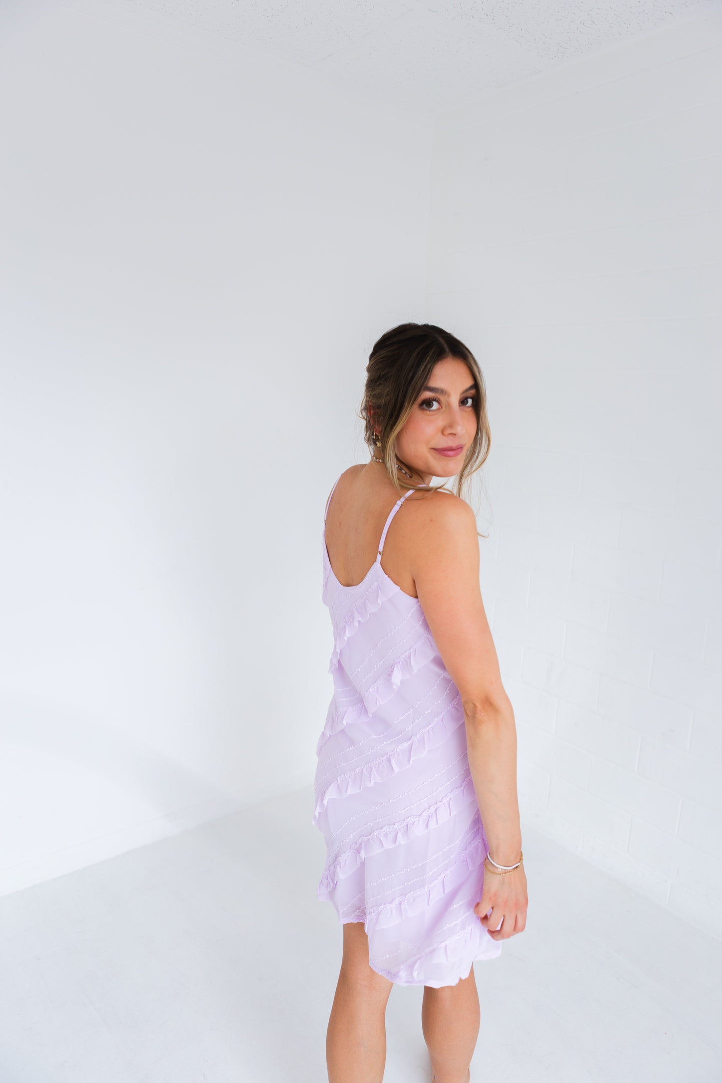 Pale Lilac Textured Bias Cut Ruffled Mini Dress