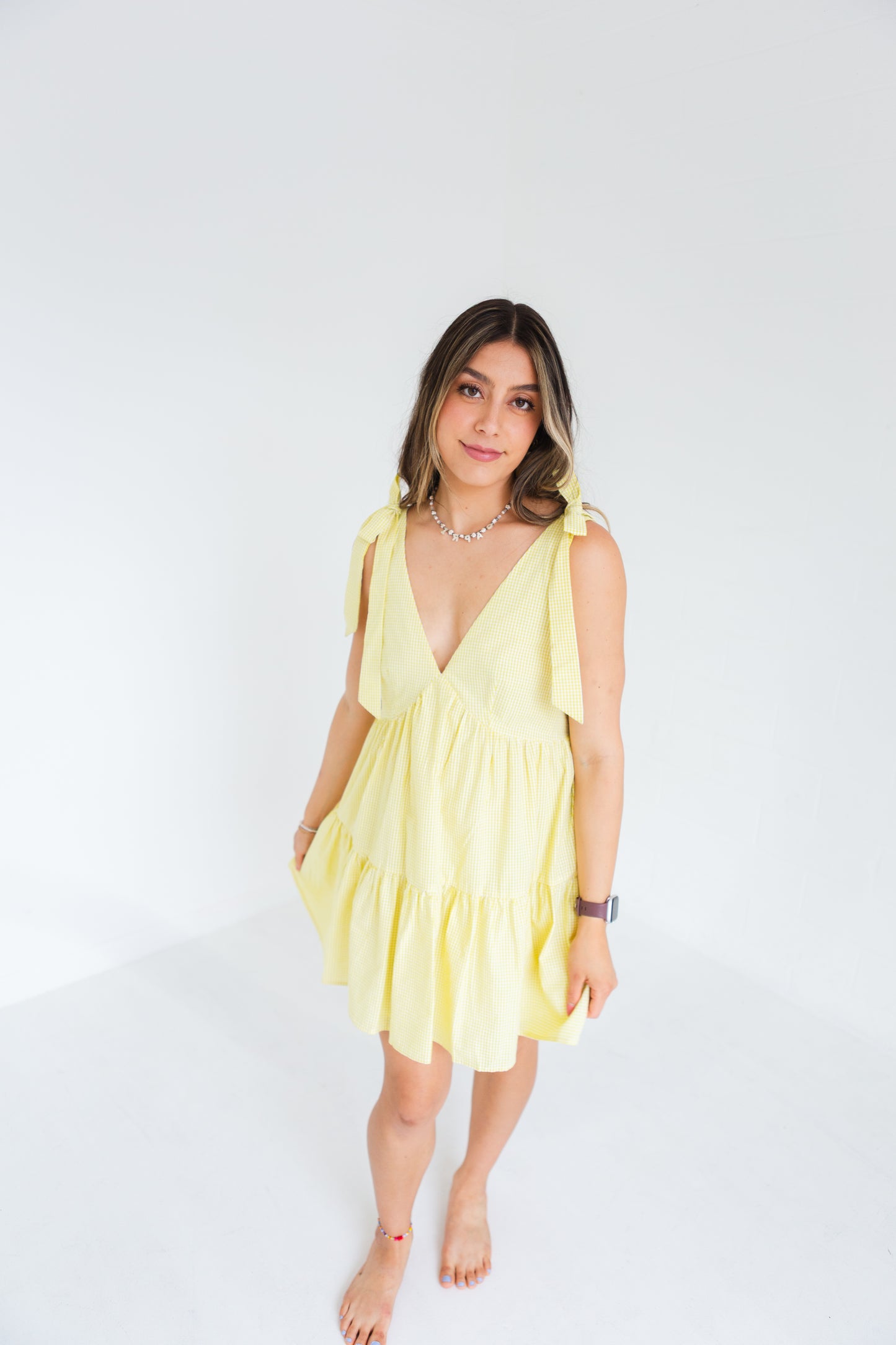 Yellow & White Gingham Tie Shoulder Strap Tiered Gingham Mini Dress