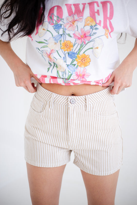 Taupe & White Striped Denim Shorts