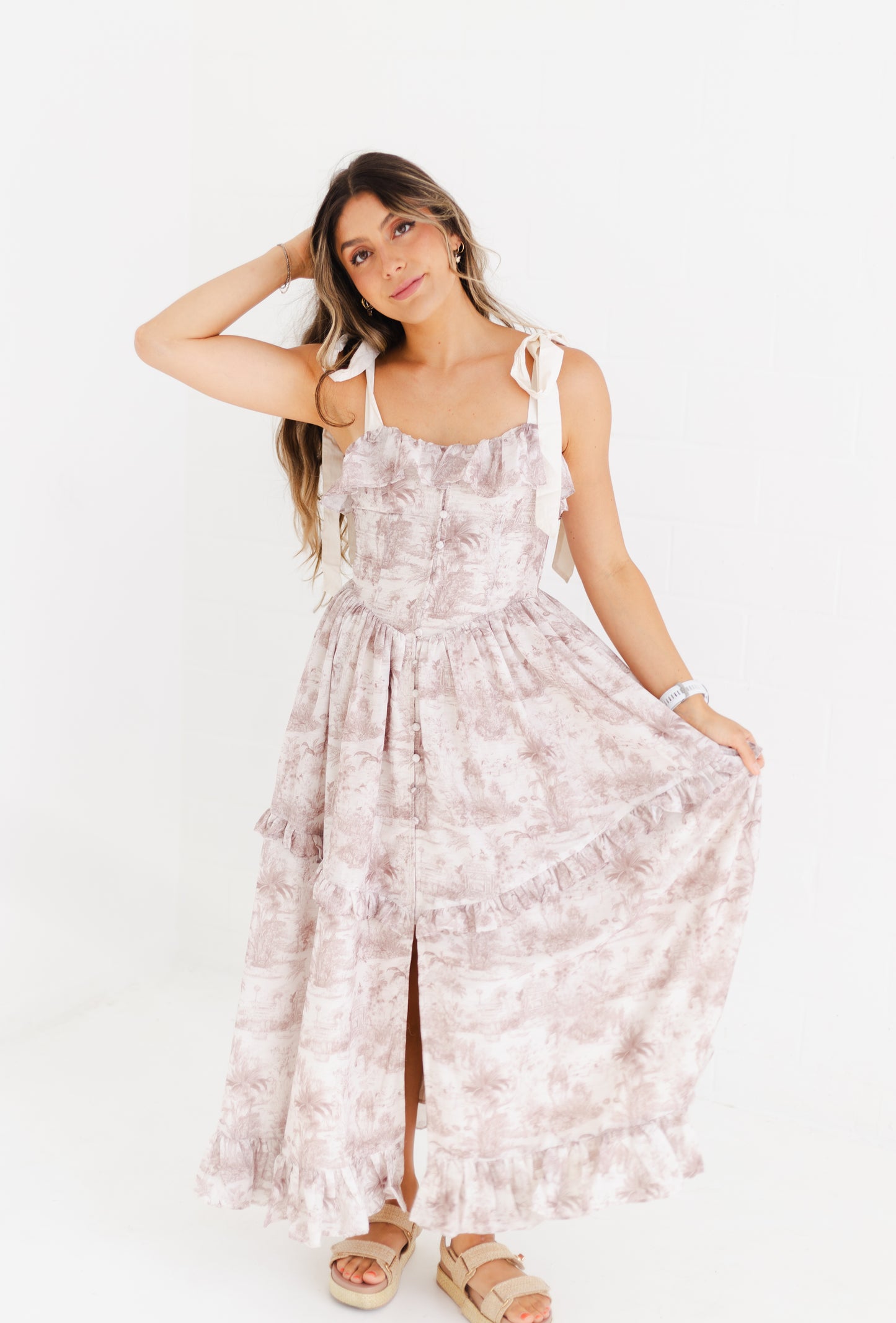 Brown Printed Linen Contrast Shoulder Strap Midi Dress
