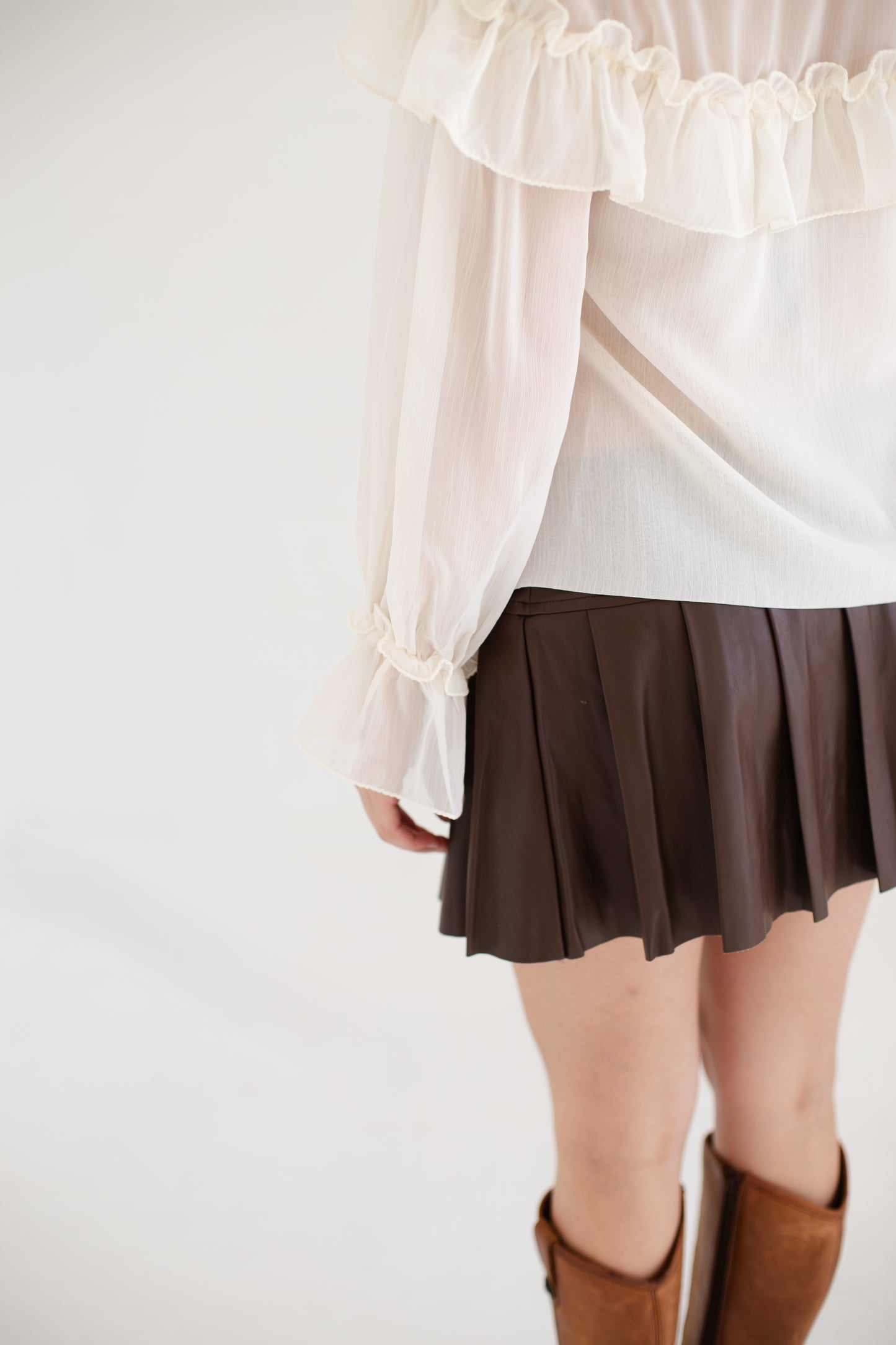 Ivory Sheer Long Sleeve Ties Ruffled Lace Blouse